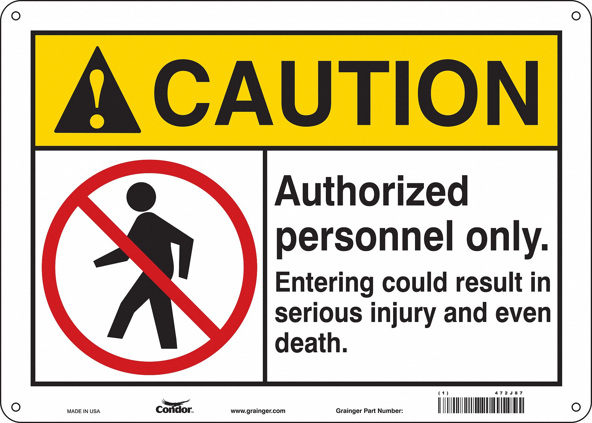 CONDOR Safety Sign, Sign Format ANSI/OSHA Format 472J87472J87 Grainger