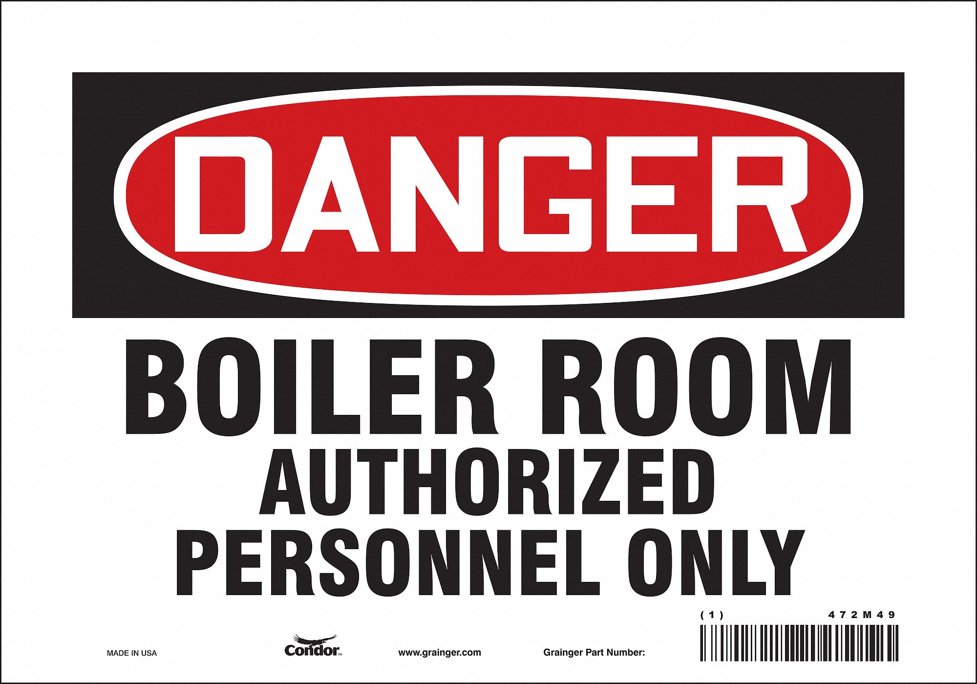 CONDOR Safety Sign, Sign Format Traditional OSHA, Boiler Room ...