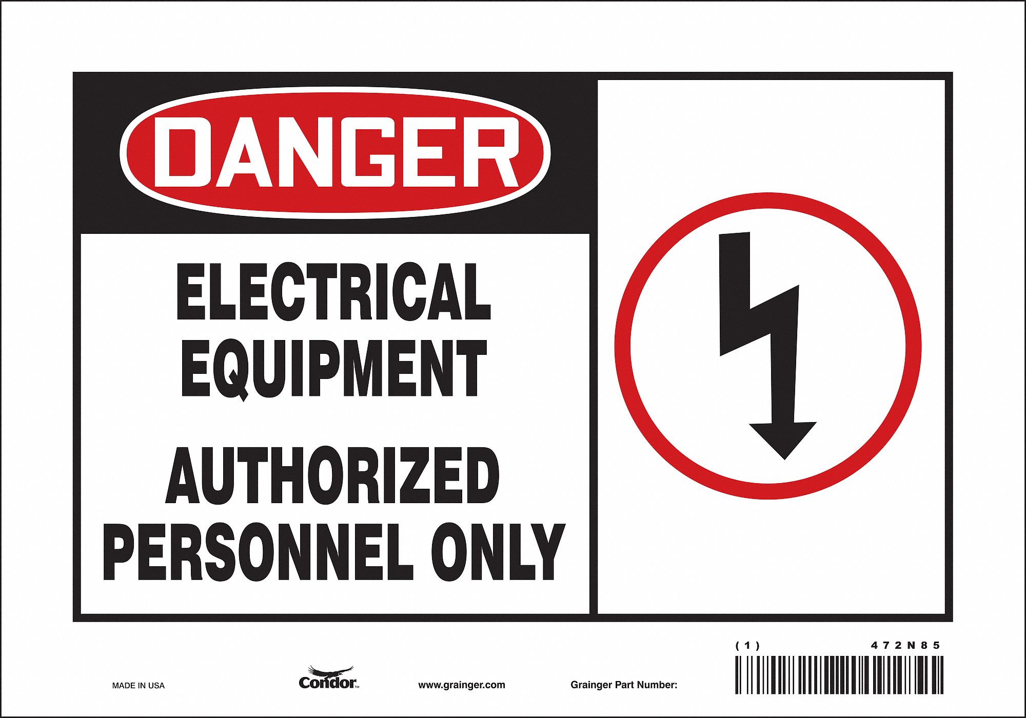 SAFETY SIGN, VINYL, ADHESIVE MOUNT, 7 X 10 IN, NOT RETROREFLECTIVE, ELECTRICAL EQUIPMENT AUTHORIZED PERSONNEL ONLY