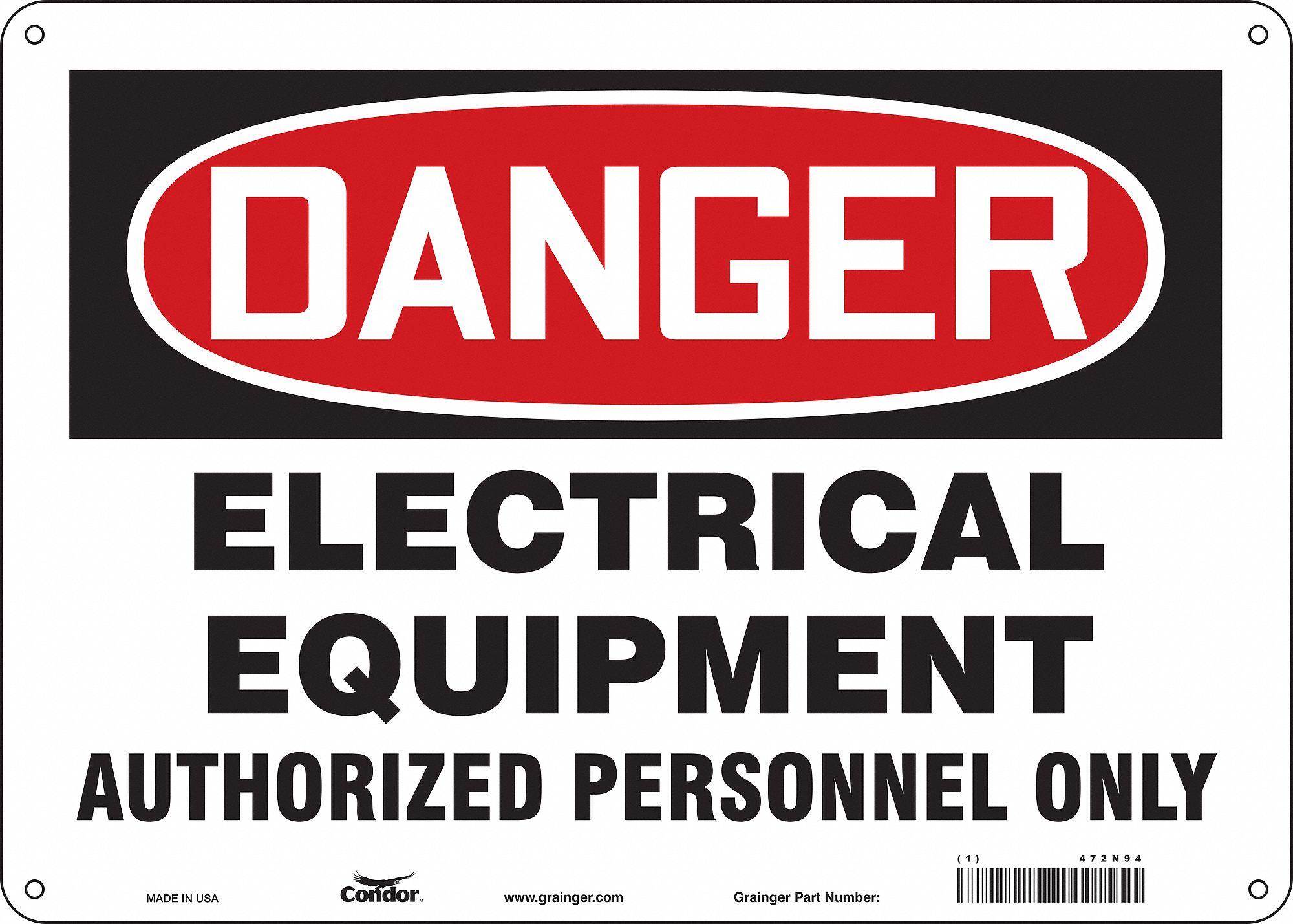 SAFETY SIGN, ALUMINUM, HOLE MOUNT, 10 X 14 IN, 0.032 IN THICK, ELECTRICAL EQUIPMENT AUTHORIZED PERSONNEL ONLY