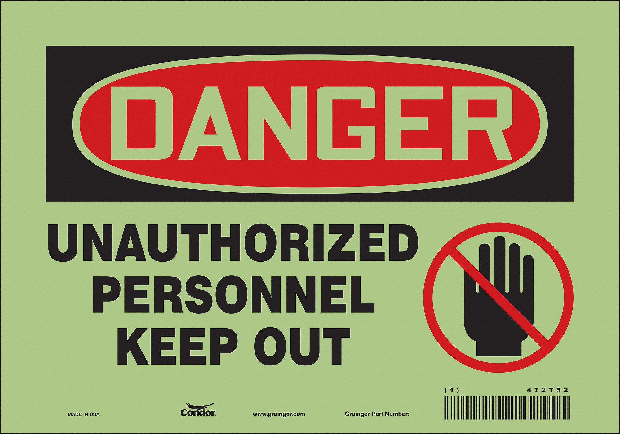 Safety Sign: Glow Vinyl, Adhesive Sign Mounting, 7 in x 10 in Nominal Sign Size, Not Retroreflective