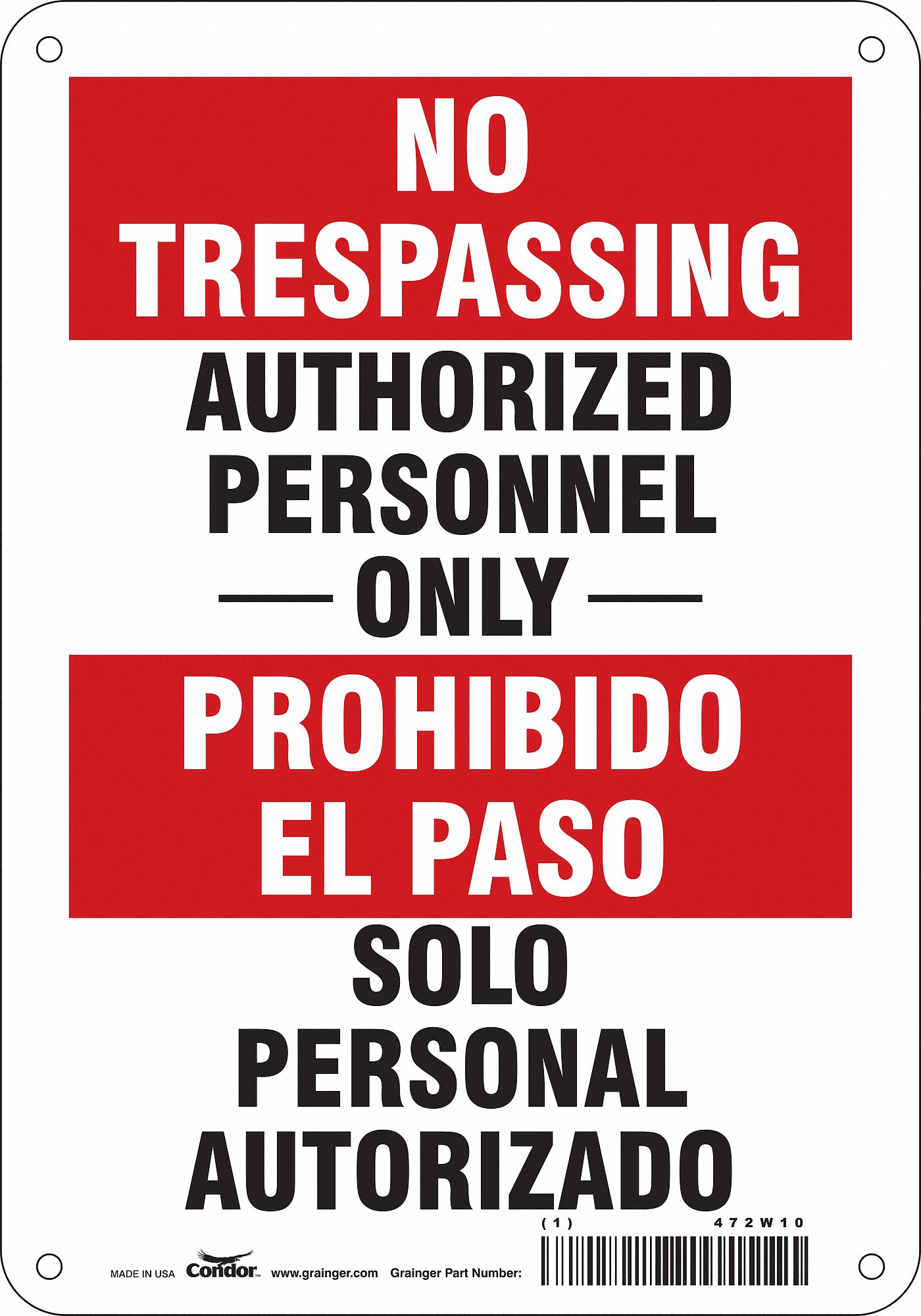 Plastic Safety Sign No Trespassingprohibido El Paso 7 Width 10 Height English Spanish - 