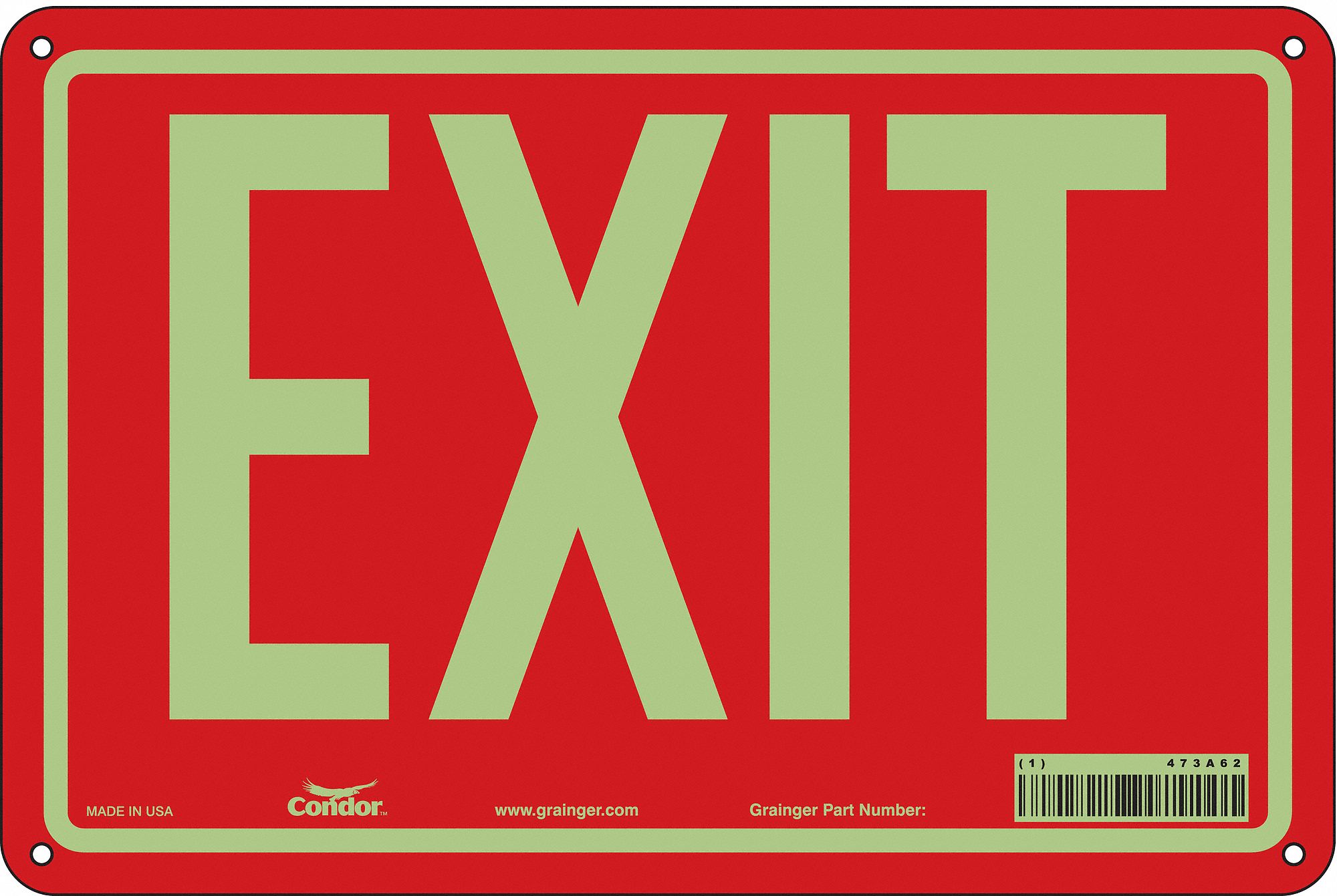 SAFETY SIGN, POLYETHYLENE, MOUNTING HOLES, 8 IN X 12 IN NOMINAL SIGN SIZE, EXIT