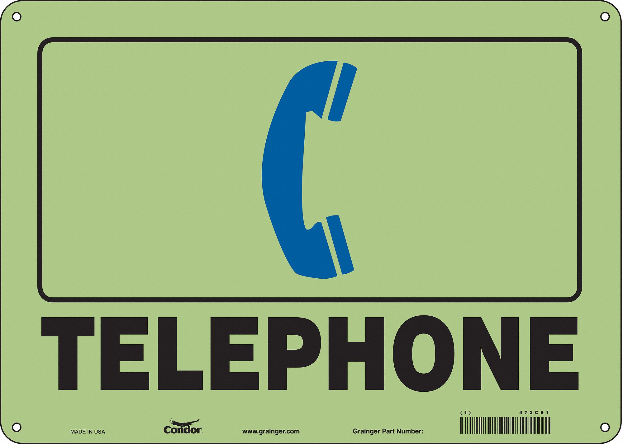 Safety Sign: Polyethylene, Mounting Holes Sign Mounting, 10 in x 14 in Nominal Sign Size, Telephone
