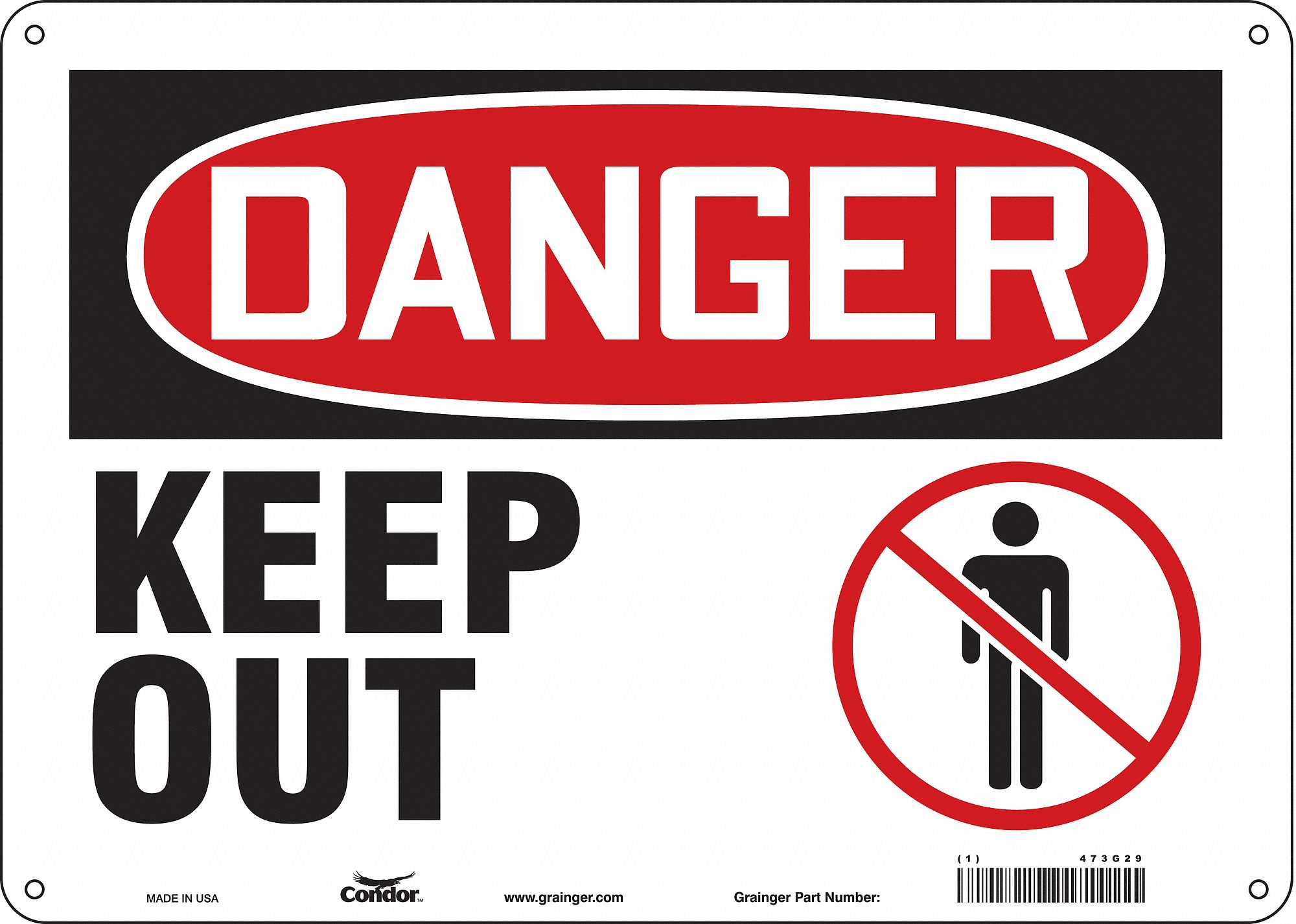 Safety Sign: Polyethylene, Mounting Holes Sign Mounting, 10 in x 14 in Nominal Sign Size, Keep Out