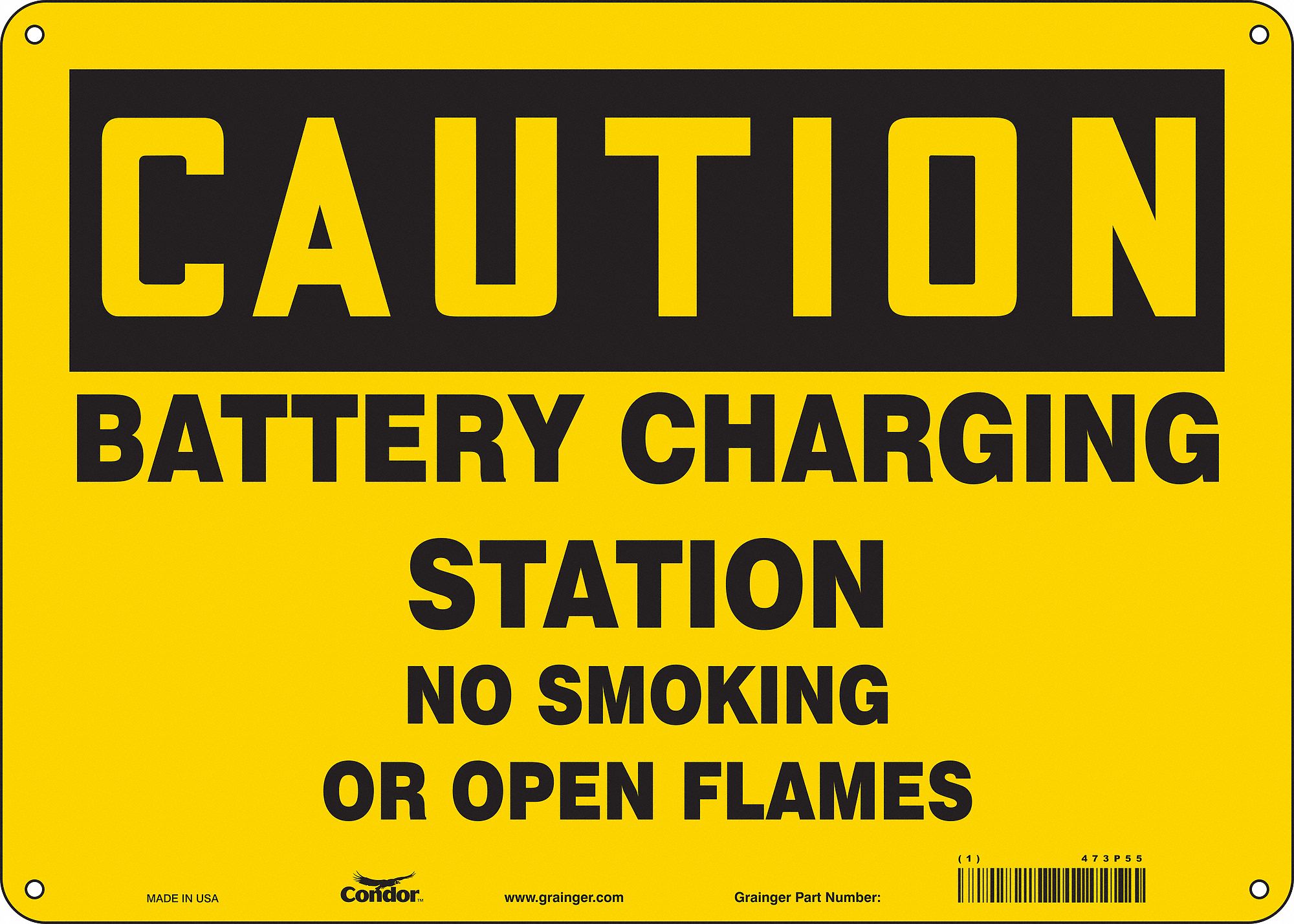 SAFETY SIGN, ALUMINUM, HOLE MOUNT, 10 X 14 IN, 0.032 IN THICK, BATTERY CHARGING STATION NO SMOKING OR OPEN FLAMES