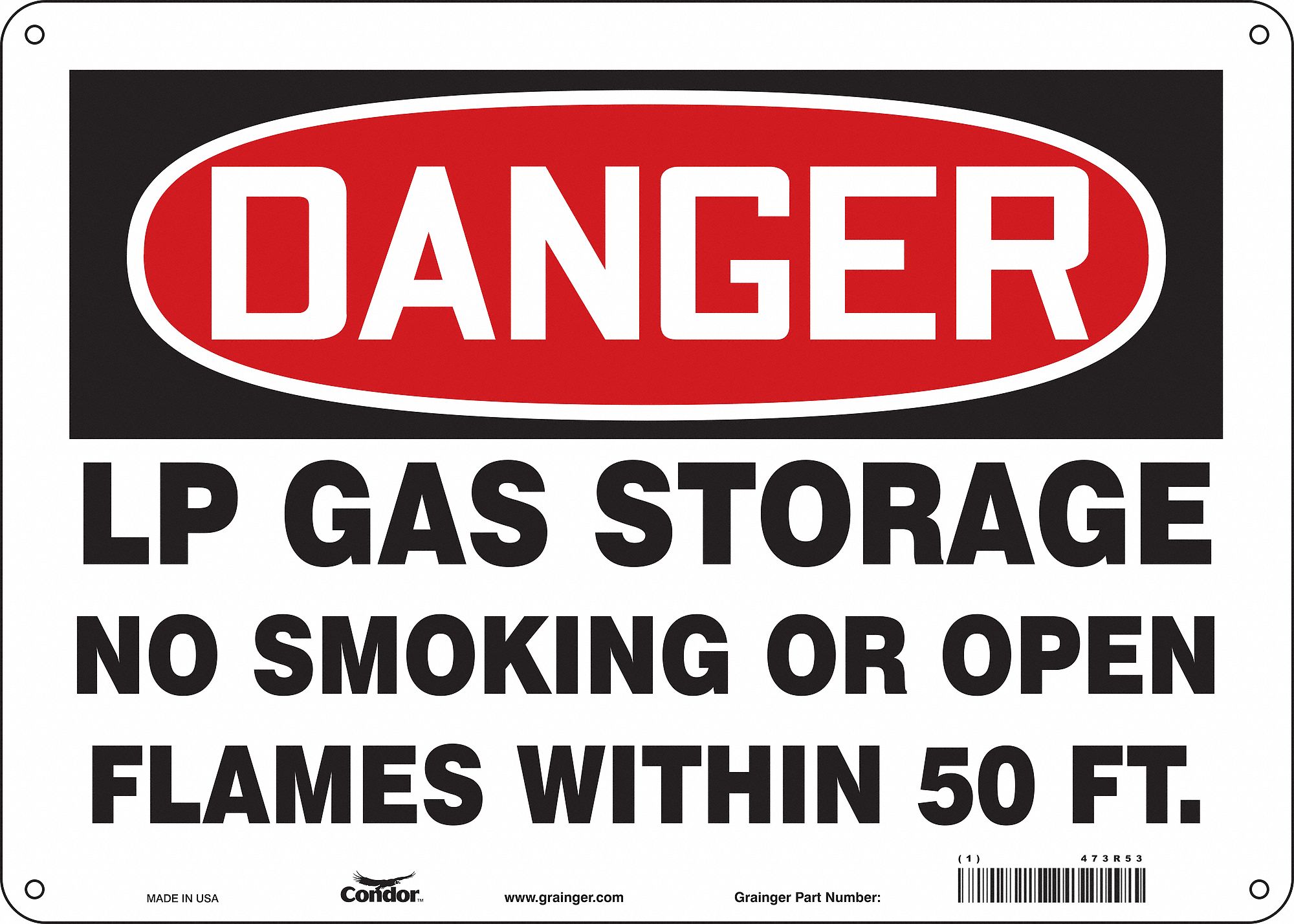 SAFETY SIGN, ALUMINUM, HOLE MOUNT, 10 X 14 IN, 0.032 IN THICK, LP GAS STORAGE NO SMOKING OR OPEN FLAMES WITHIN 50 FT