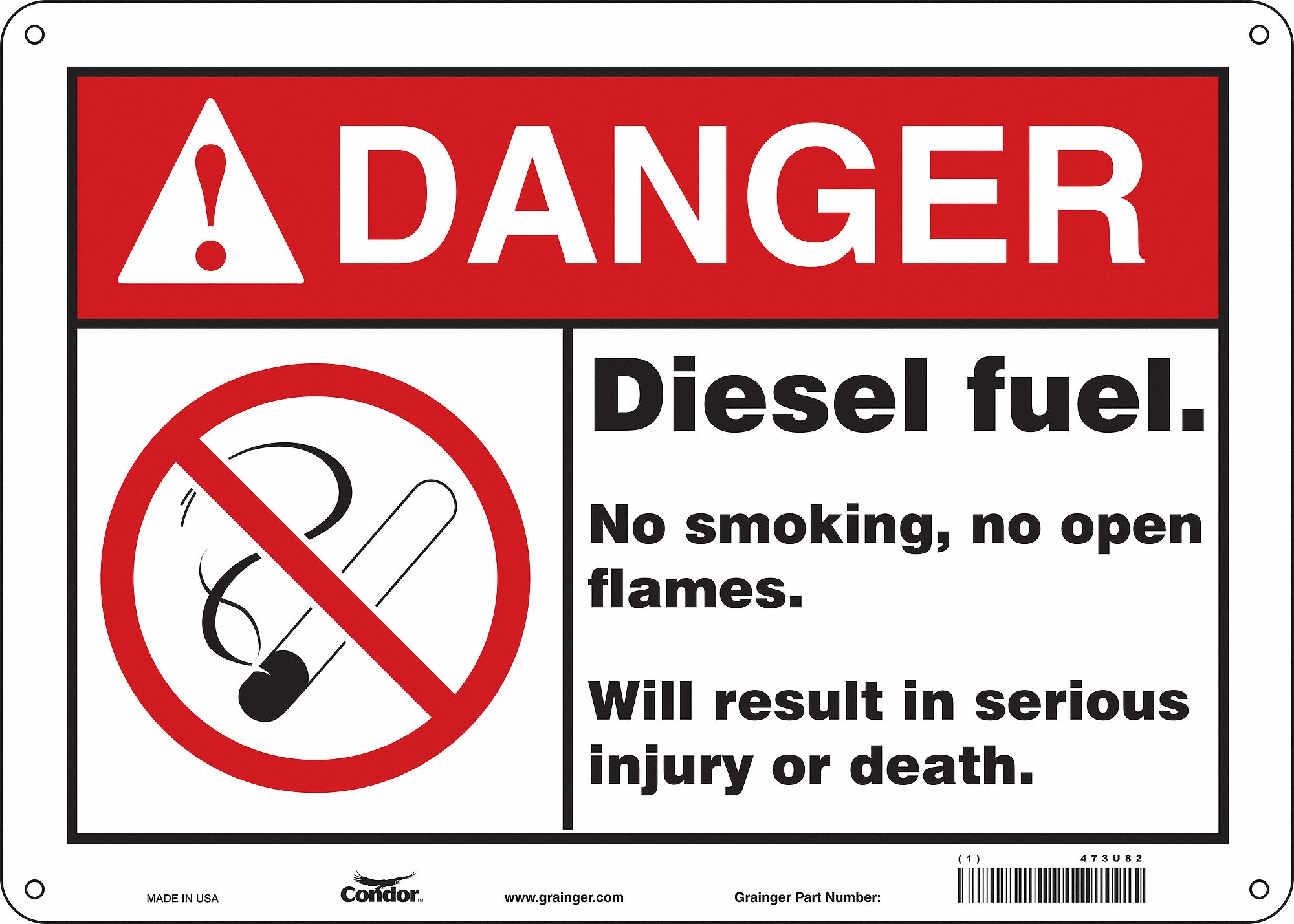 SAFETY SIGN, AL, HOLE MOUNT, 10X14 IN, 0.032 IN THICK, DIESEL FUEL. NO SMOKING, NO OPEN FLAMES. WILL RESULT IN SERIOU...