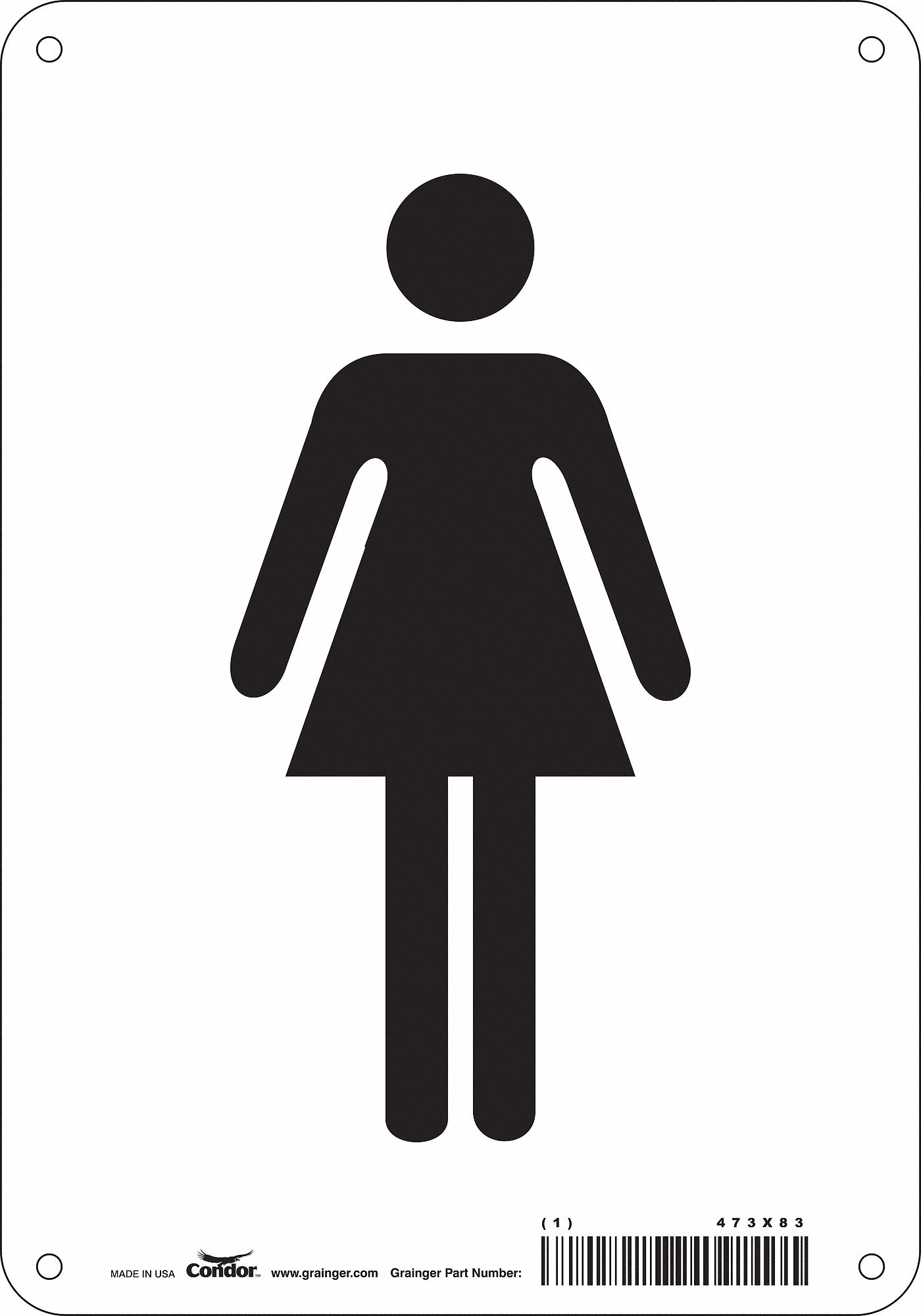 SAFETY SIGN, POLYETHYLENE, MOUNTING HOLES, 10 IN X 7 IN NOMINAL SIGN SIZE, WHITE, WOMEN