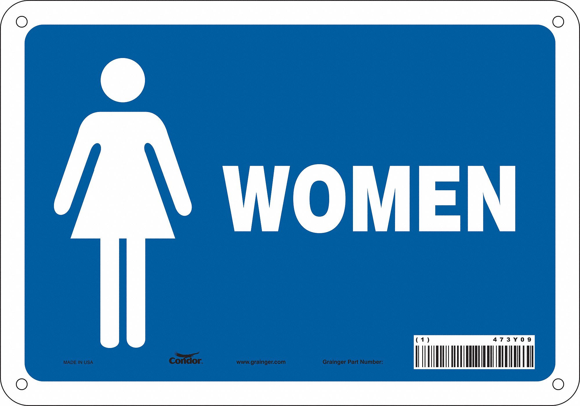 SAFETY SIGN, POLYETHYLENE, MOUNTING HOLES, 7 IN X 10 IN NOMINAL SIGN SIZE, BLUE/WHITE, WOMEN