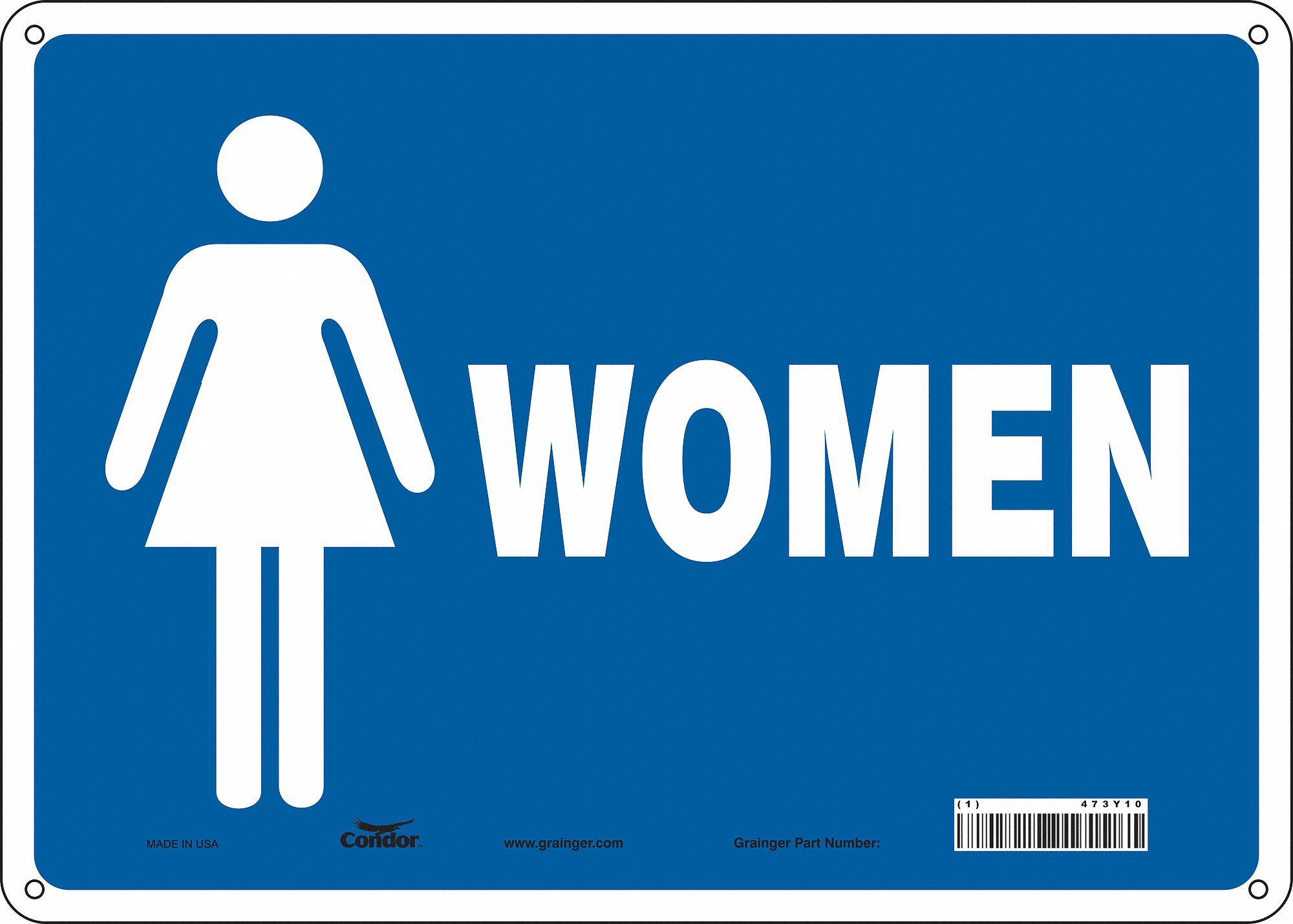 SAFETY SIGN, POLYETHYLENE, MOUNTING HOLES, 10 IN X 14 IN NOMINAL SIGN SIZE, BLUE/WHITE, WOMEN