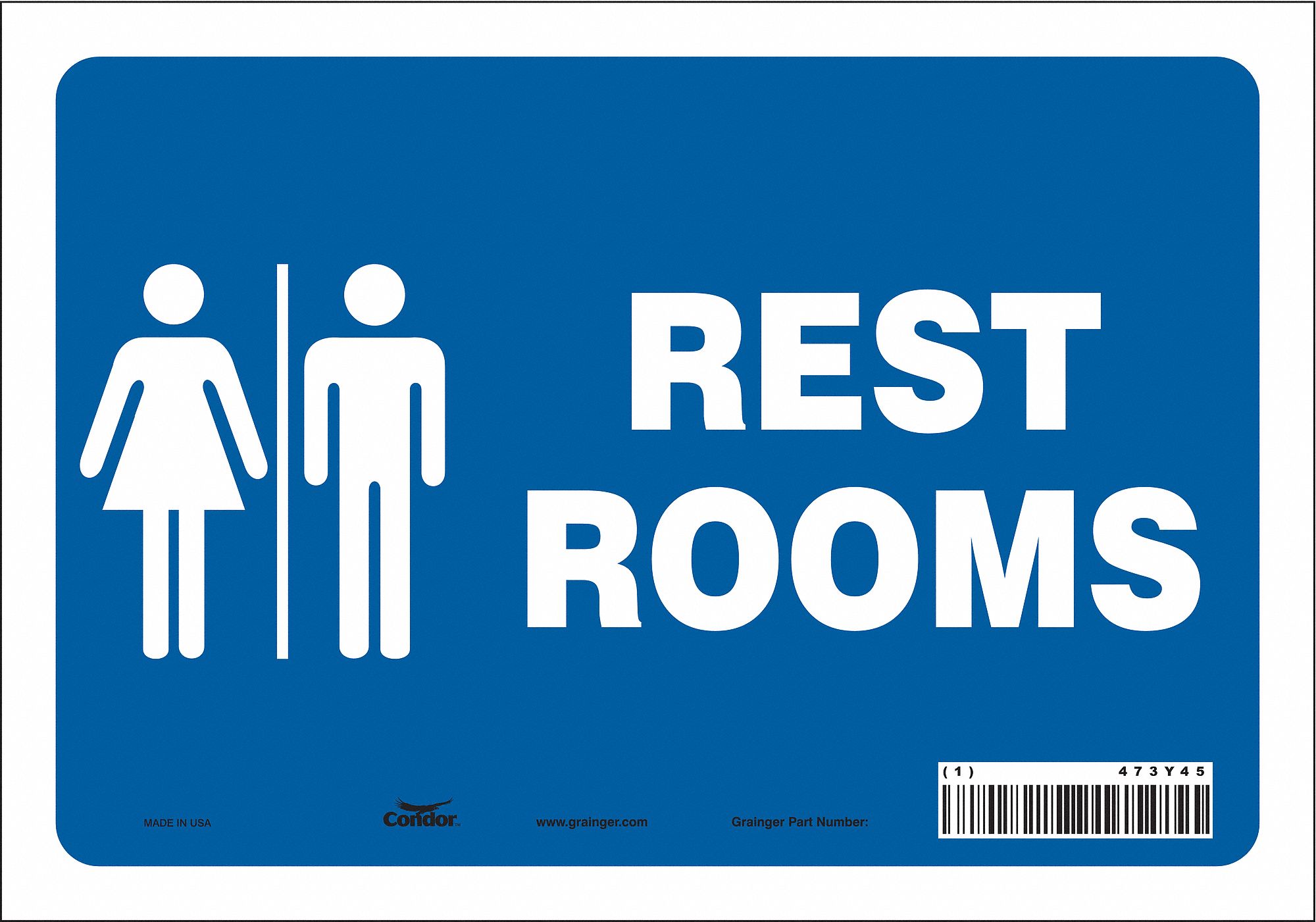 SAFETY SIGN, VINYL, ADHESIVE MOUNT, 7 IN X 10 IN NOMINAL SIGN SIZE, NOT RETROREFLECTIVE, RESTROOMS
