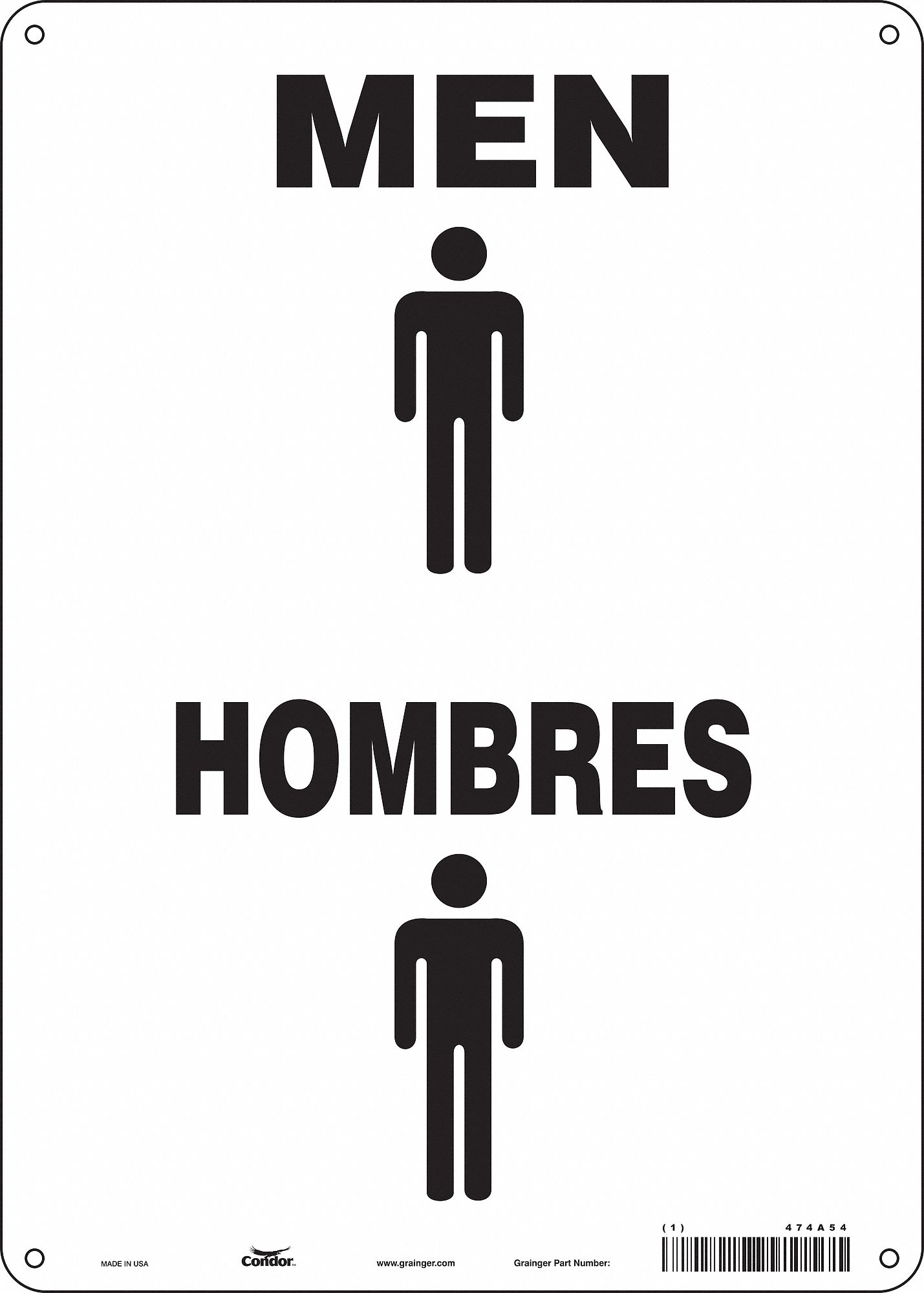 CONDOR Restroom Sign, Men/Hombres, Sign Header No Header, Polyethylene, 14 in x 10 in - 474A54 ...