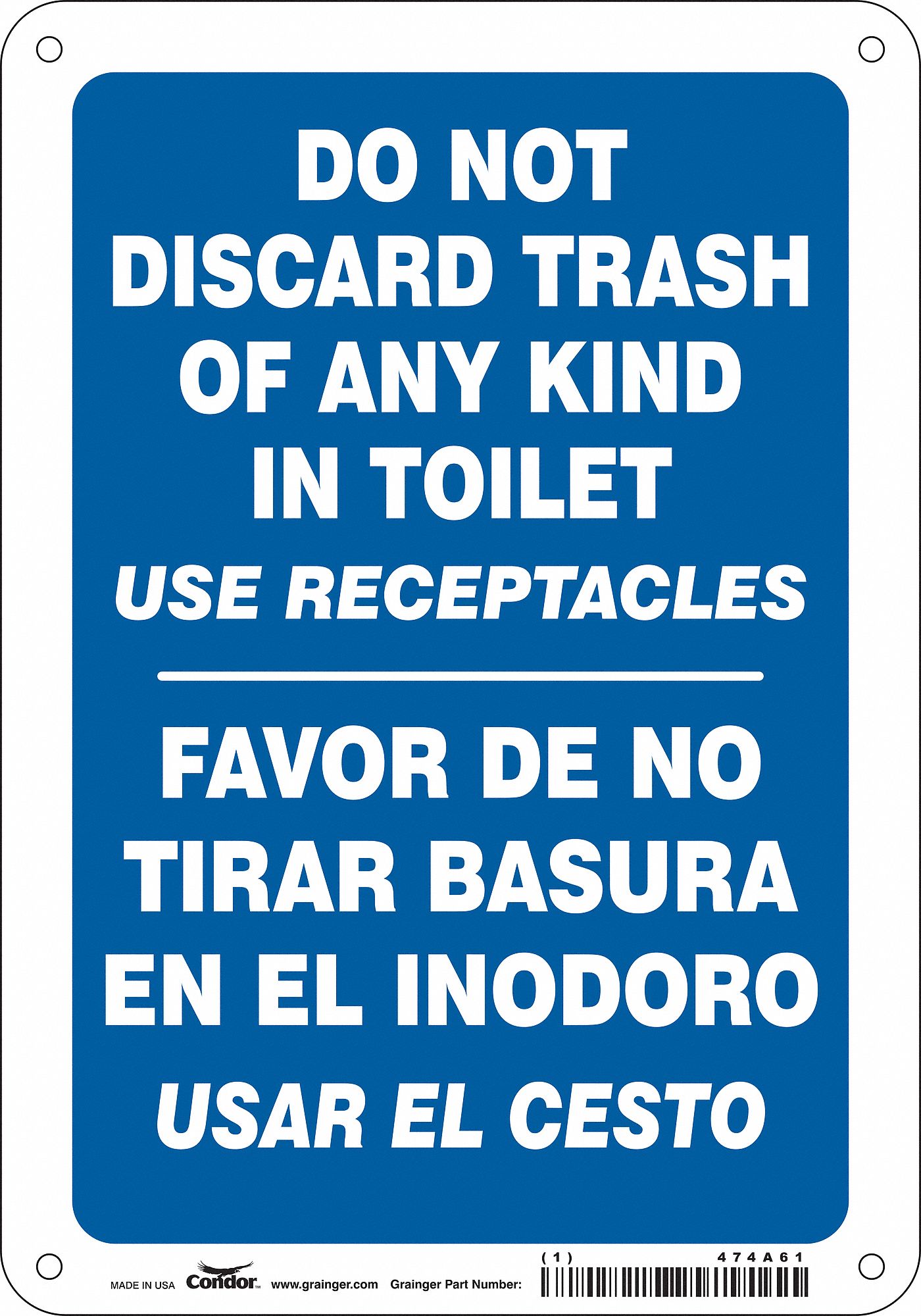 SAFETY SIGN, PE, HOLE MOUNT, 10X7 IN, NO HEADER, DO NOT DISCARD TRASH OF ANY KIND IN TOILET USE RECEPTACLES/FAVOR DE...