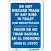 Do Not Discard Trash Of Any Kind In Toilet Use Receptacles/Favor De No Tirar Basura En El Inodoro. Usar El Cesto. Signs