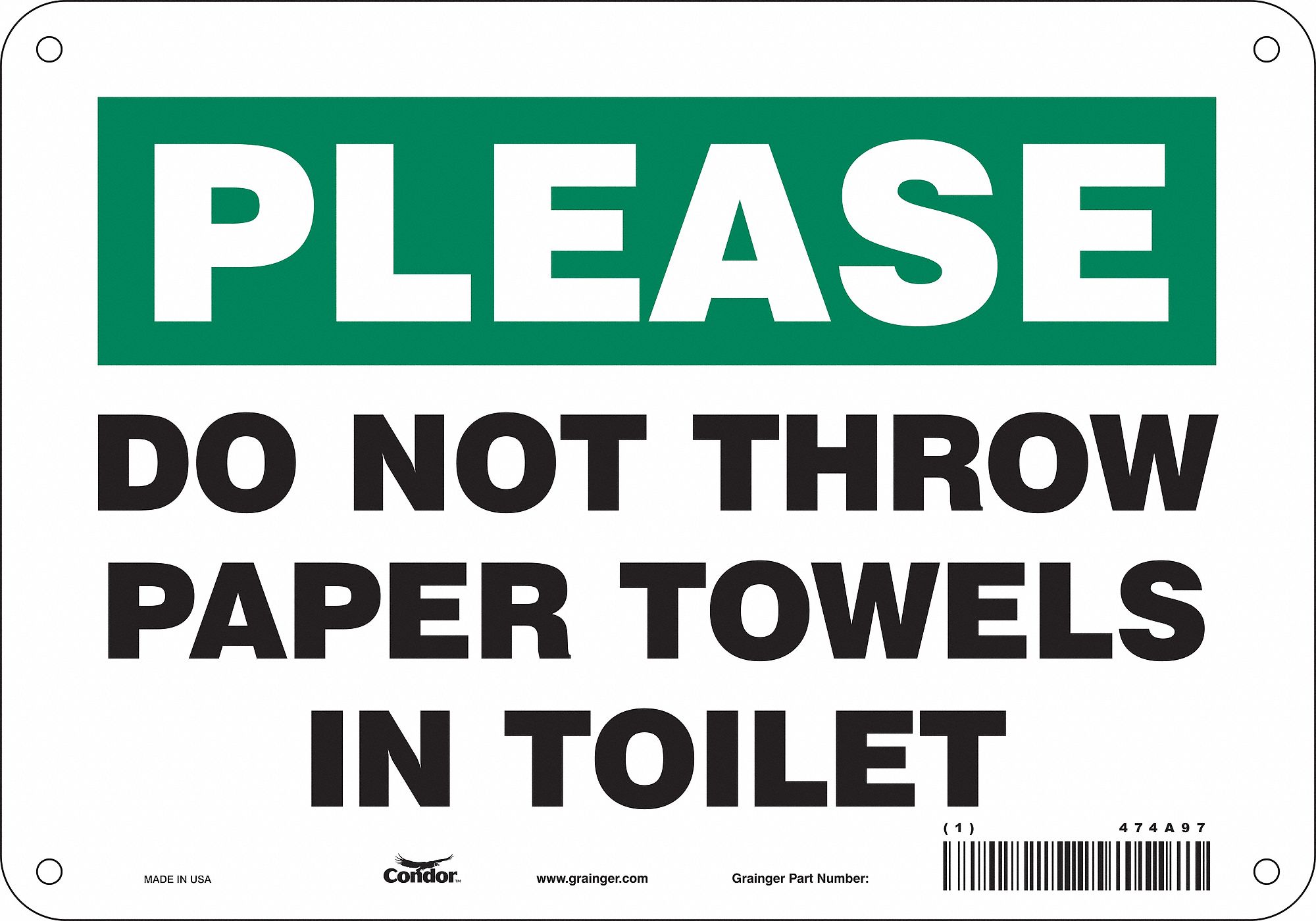 Safety Sign: Polyethylene, Mounting Holes Sign Mounting, 7 in x 10 in Nominal Sign Size, Green/White