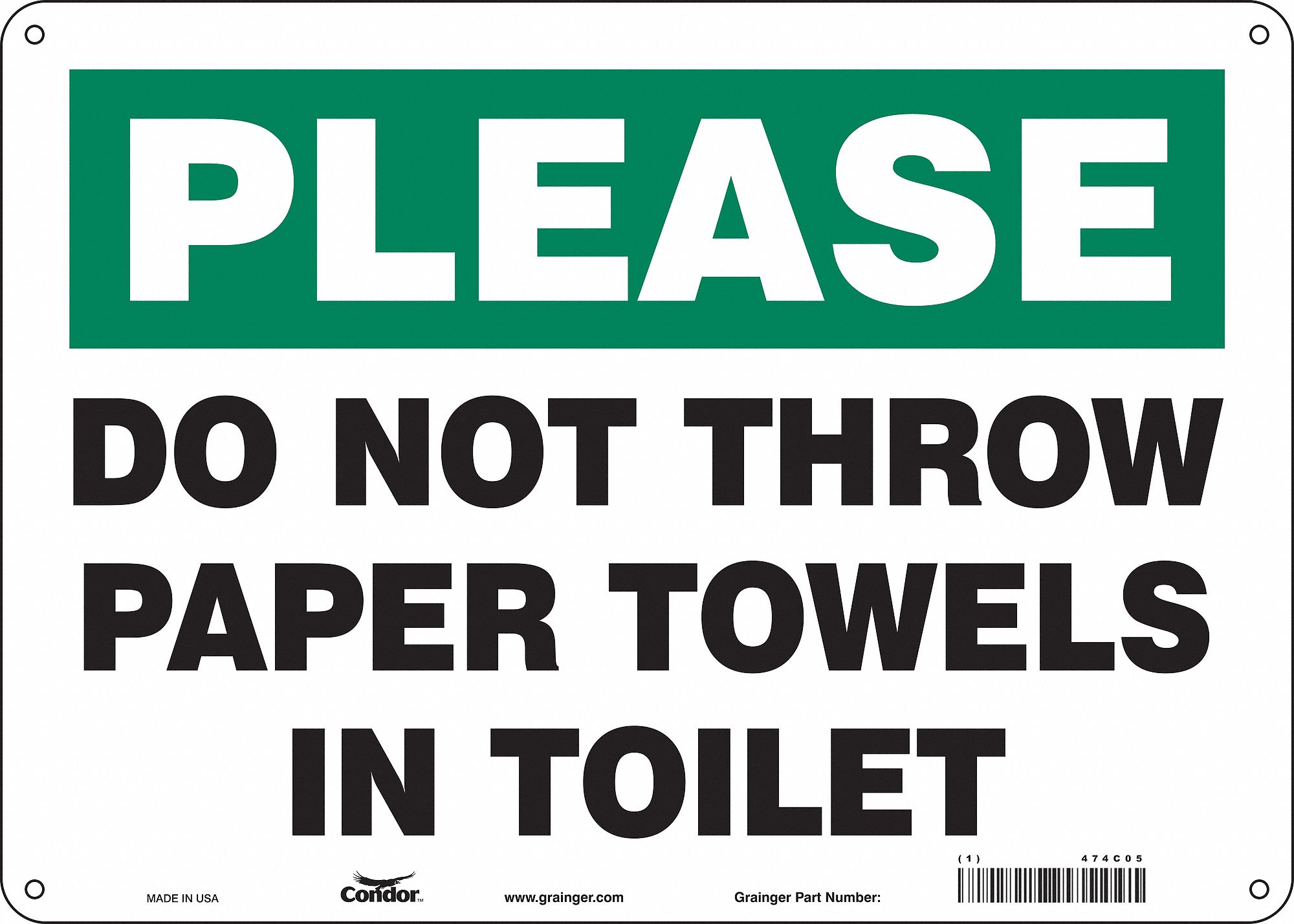 CONDOR RESTROOM SIGN Sign Format Traditional OSHA Do Not Throw Paper Towels In Toilet C