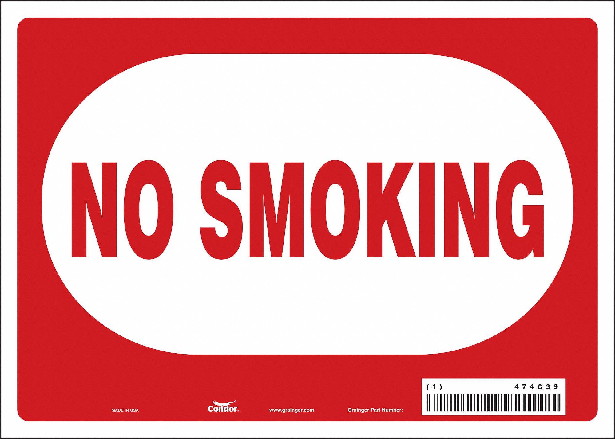 SAFETY SIGN, VINYL, ADHESIVE MOUNT, 5 IN X 7 IN NOMINAL SIGN SIZE, NOT RETROREFLECTIVE, NO SMOKING