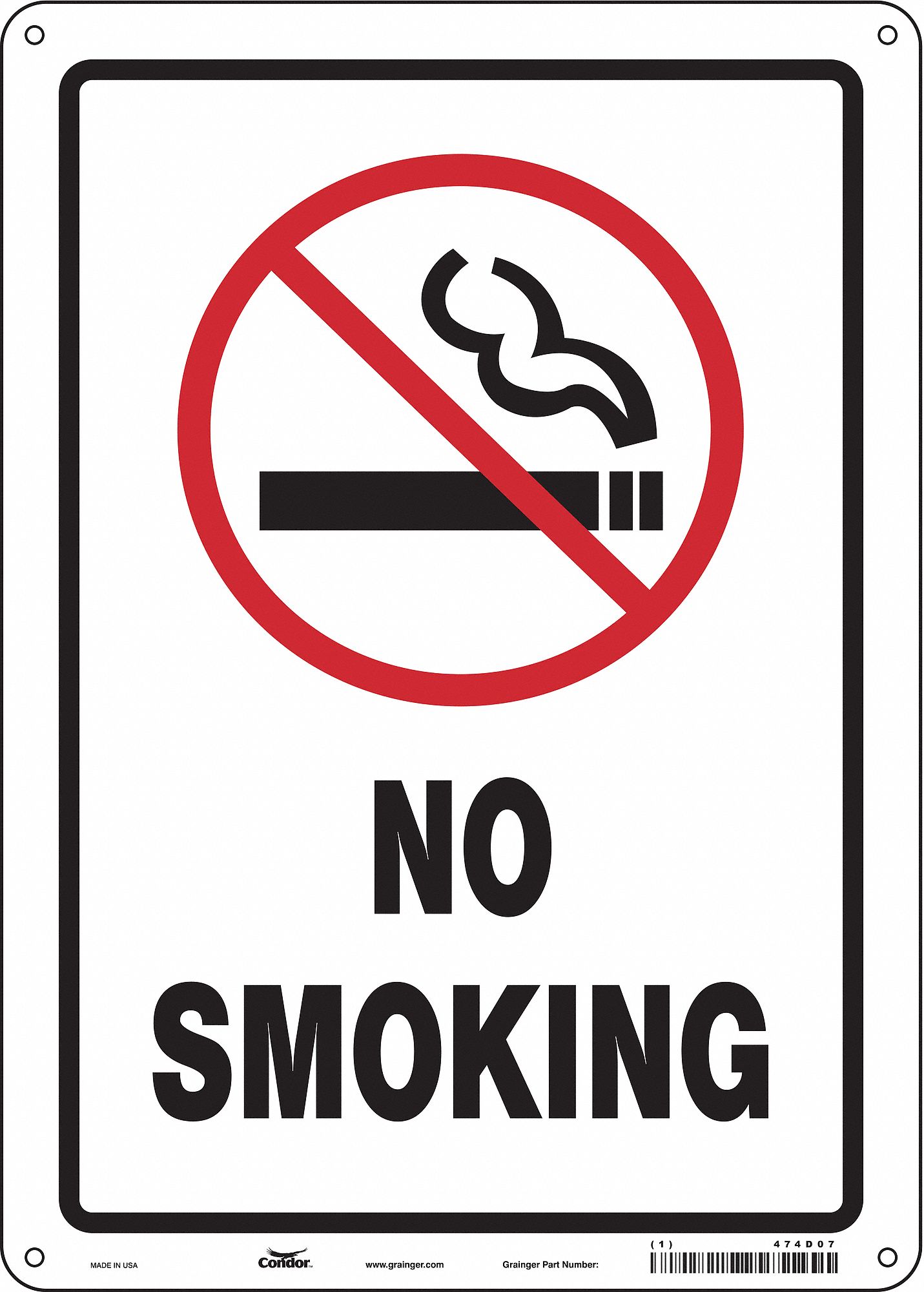 SAFETY SIGN, POLYETHYLENE, MOUNTING HOLES, 14 IN X 10 IN NOMINAL SIGN SIZE, NO SMOKING