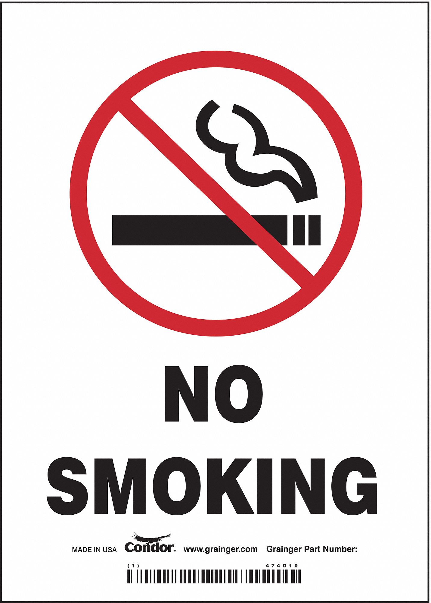 SAFETY SIGN, VINYL, ADHESIVE MOUNT, 7 IN X 5 IN NOMINAL SIGN SIZE, NOT RETROREFLECTIVE, NO SMOKING
