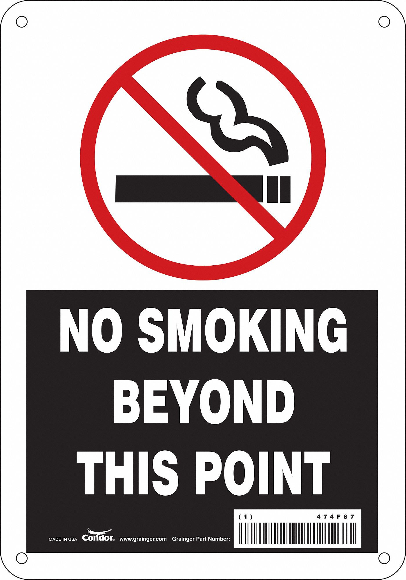 SAFETY SIGN, ALUMINUM, MOUNTING HOLES, 10 IN X 7 IN NOMINAL SIGN SIZE, 0.032 IN THICK, NO SMOKING BEYOND THIS POINT