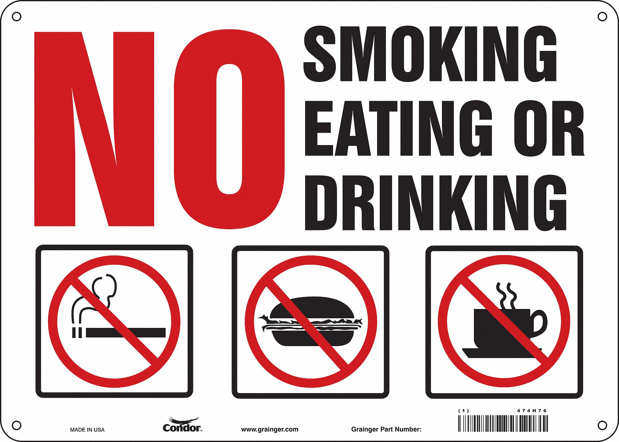 CONDOR Safety Sign, Sign Format Other Format, No Smoking Eating Or ...