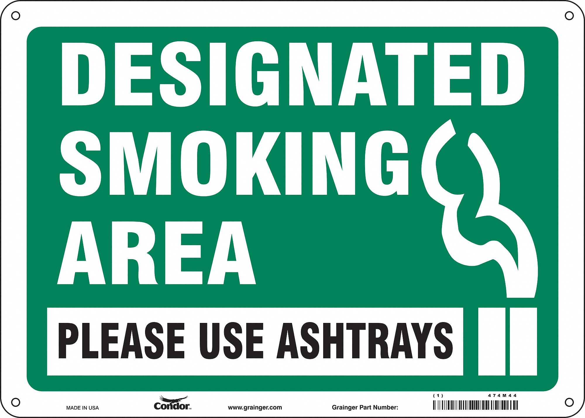 SAFETY SIGN, POLYETHYLENE, HOLE MOUNT, 10X14IN NOMINAL SIGN SIZE, NO HEADER, DESIGNATED SMOKING AREA PLEASE USE ASHTRAYS