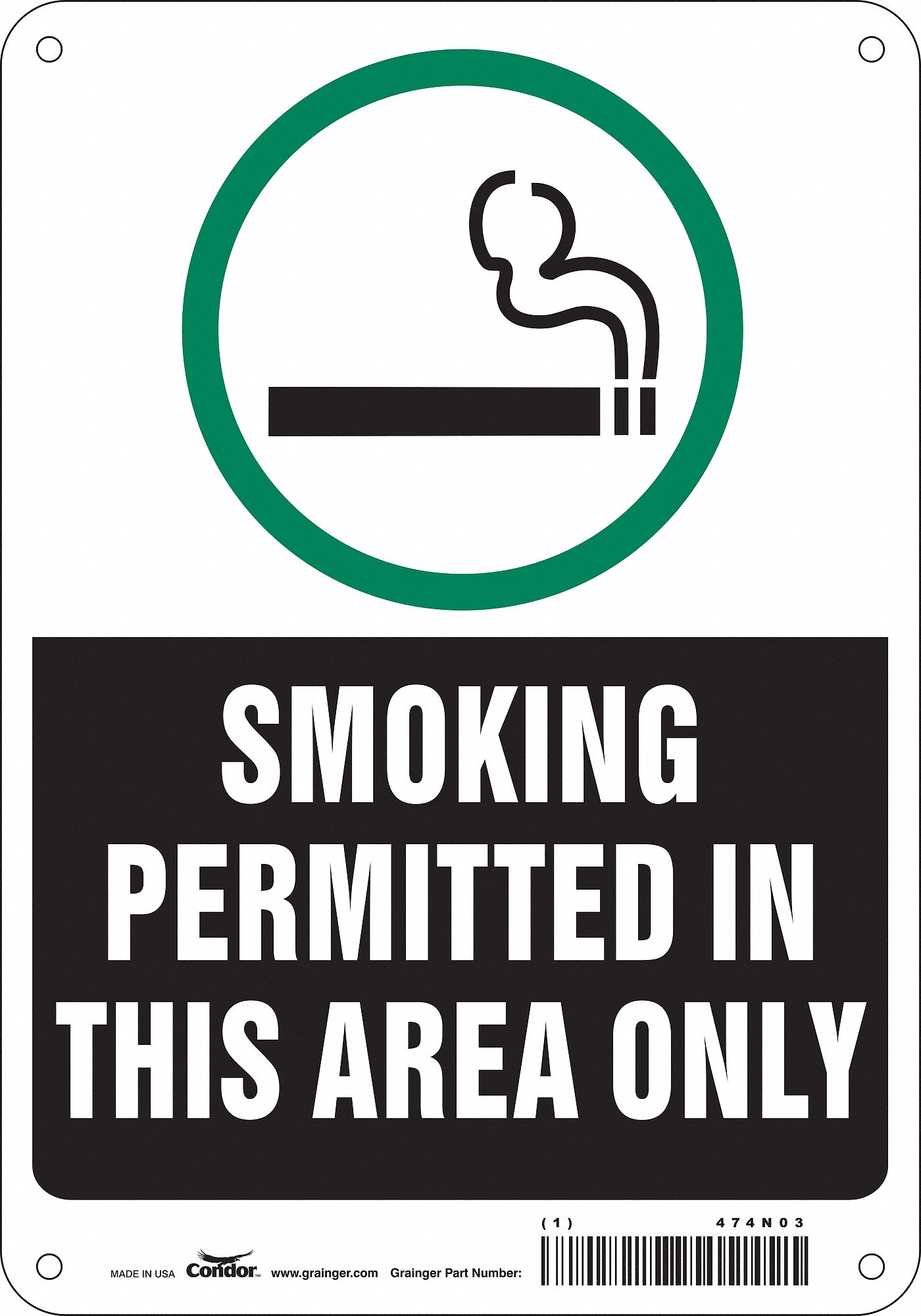 SAFETY SIGN, ALUMINUM, MOUNTING HOLES, 10 X 7 IN NOMINAL SIGN SIZE, 0.032 IN THICK, SMOKING PERMITTED IN THIS AREA ONLY