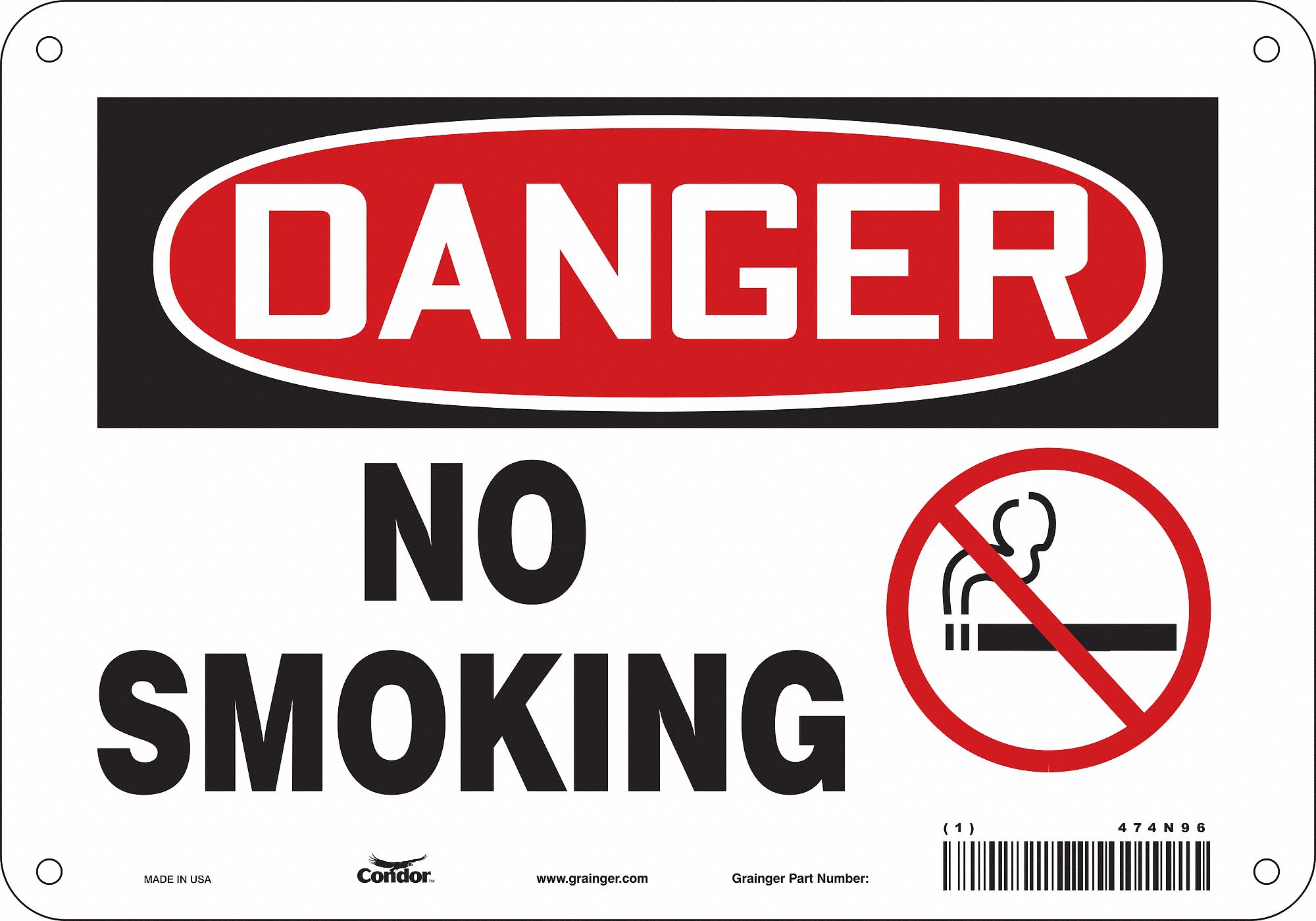 SAFETY SIGN, ALUMINUM, MOUNTING HOLES, 7 IN X 10 IN NOMINAL SIGN SIZE, 0.032 IN THICK, NO SMOKING