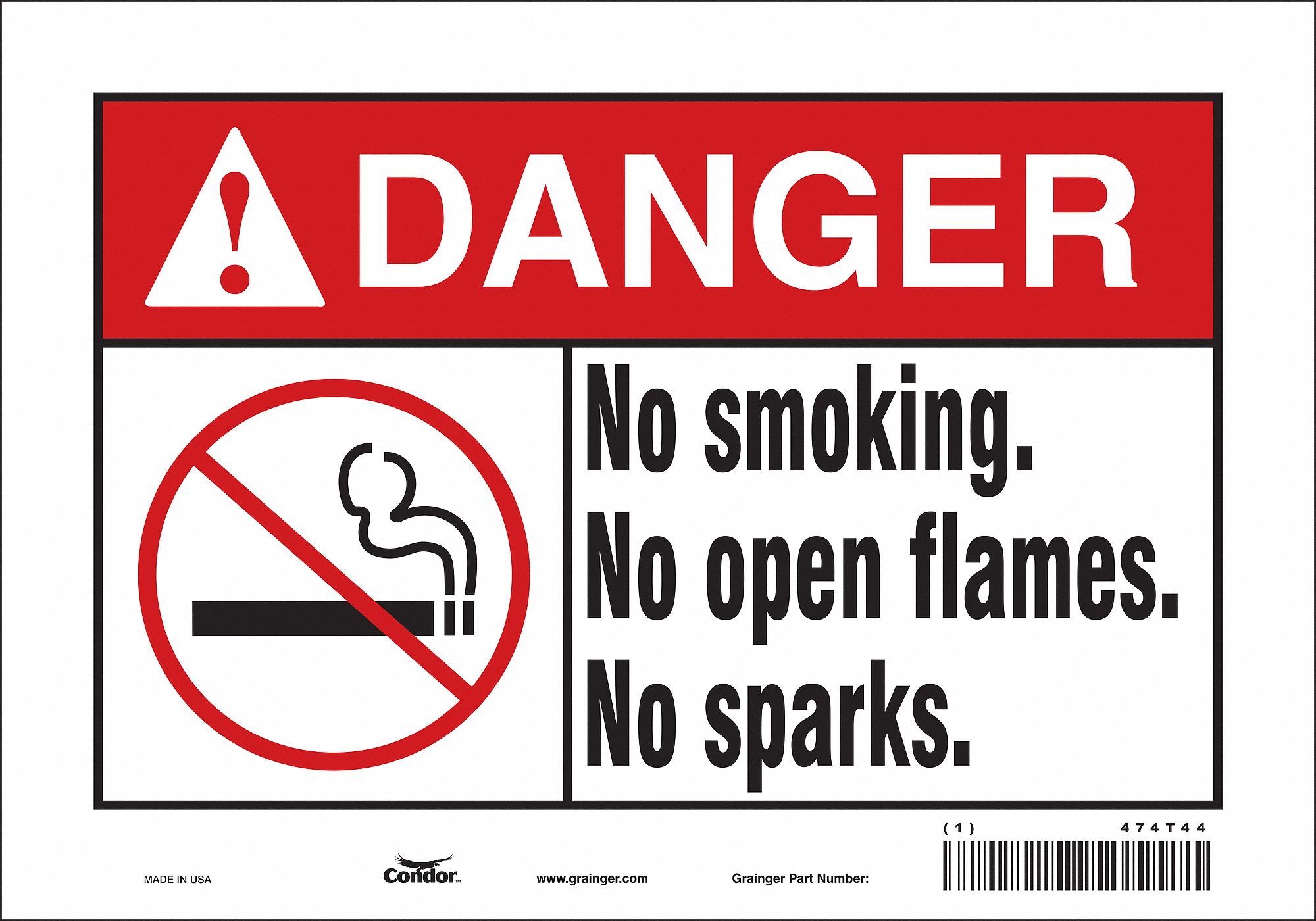 SAFETY SIGN, VINYL, ADHESIVE MOUNT, 7X10IN NOMINAL SIGN SIZE, NOT RETROREFLECTIVE, NO SMOKING, NO OPEN FLAMES, NO SPARKS