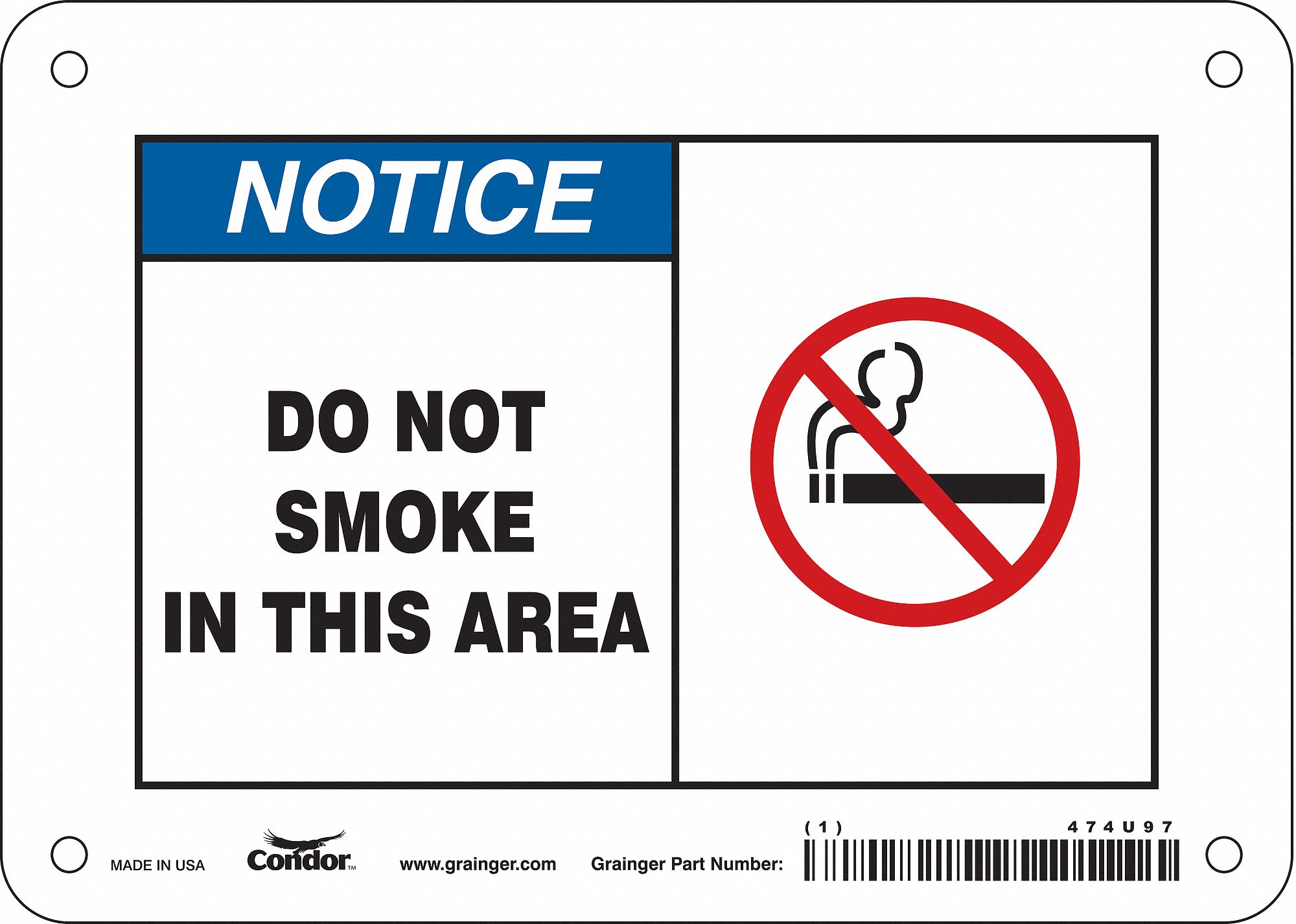 Safety Sign: Polyethylene, Mounting Holes Sign Mounting, 5 in x 7 in Nominal Sign Size