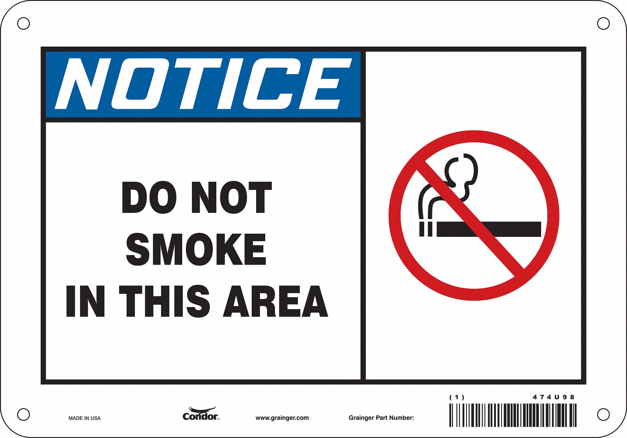 Safety Sign: Polyethylene, Mounting Holes Sign Mounting, 7 in x 10 in Nominal Sign Size