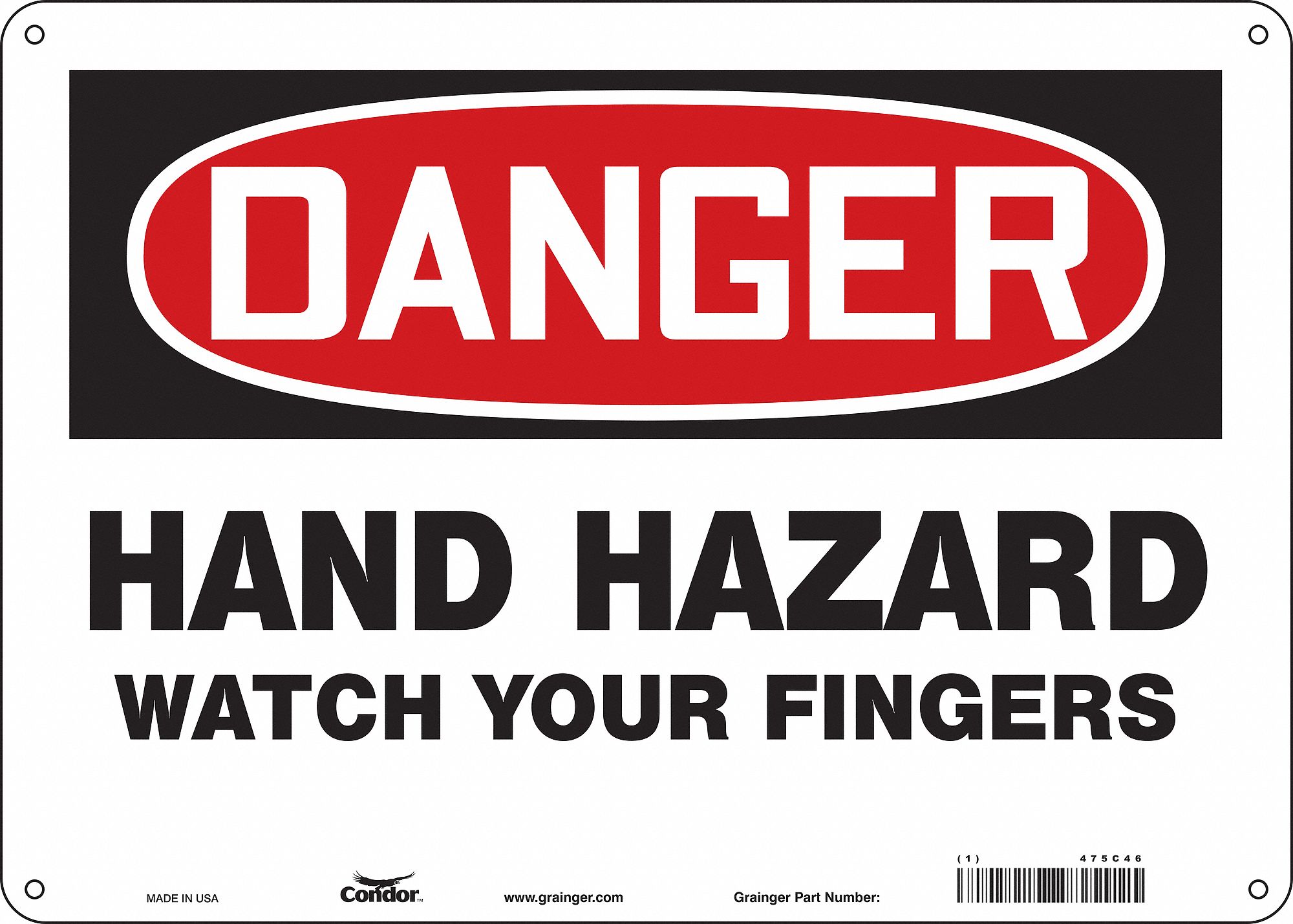 CONDOR Safety Sign, Sign Format Traditional OSHA, Hand Hazard Watch Your Fingers, Sign Header