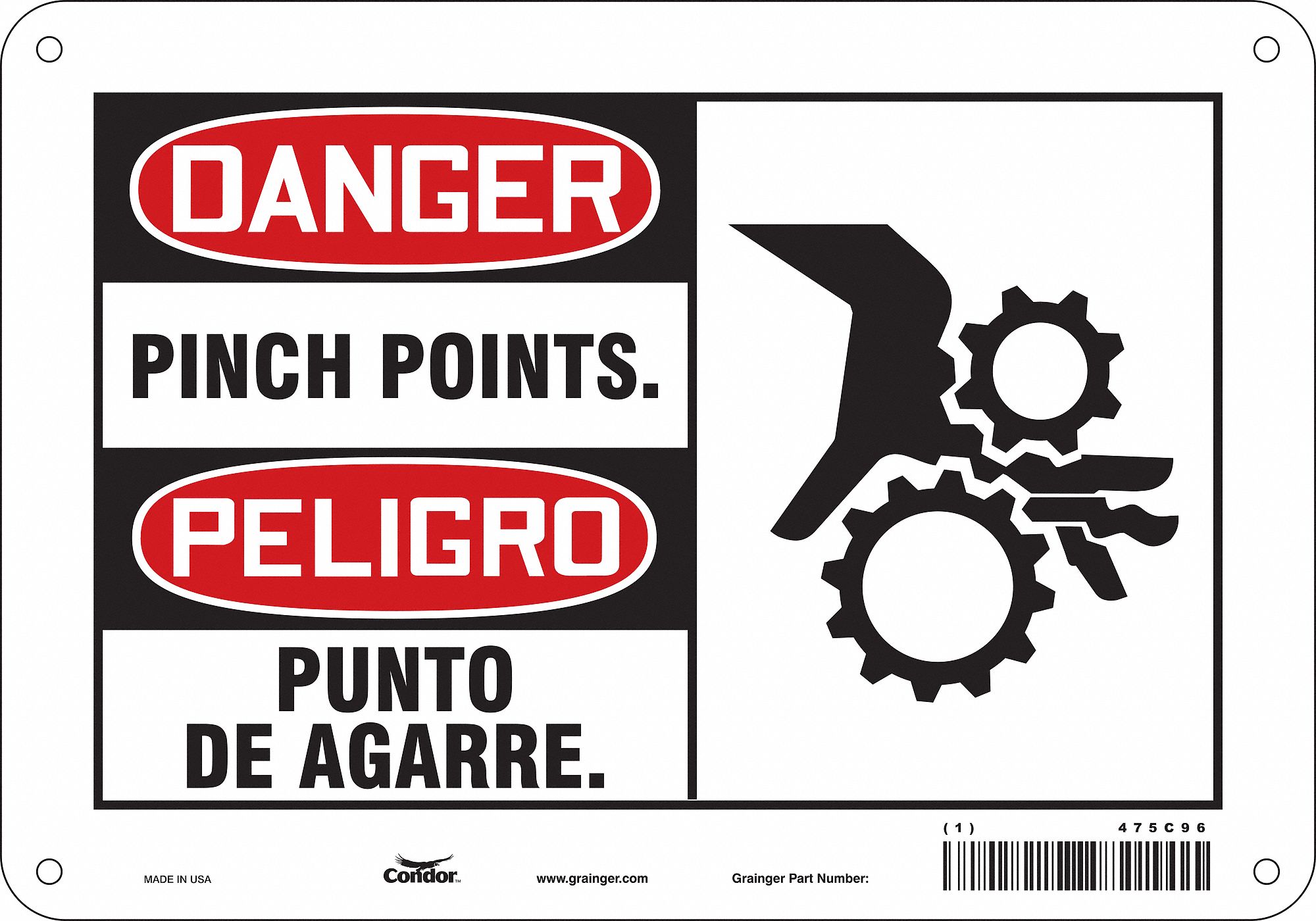 SAFETY SIGN, POLYETHYLENE, MOUNTING HOLES, 7 IN X 10 IN NOMINAL SIGN SIZE, PINCH POINTS./PUNTO DE AGARRE.