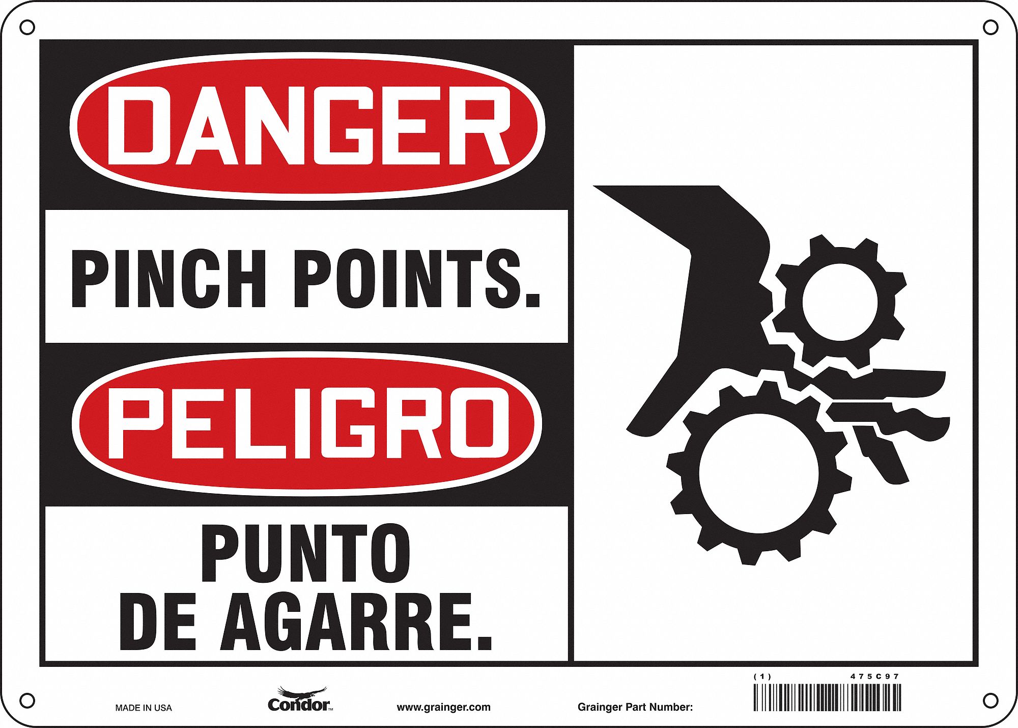 SAFETY SIGN, POLYETHYLENE, MOUNTING HOLES, 10 IN X 14 IN NOMINAL SIGN SIZE, PINCH POINTS/PUNTO DE AGARRE