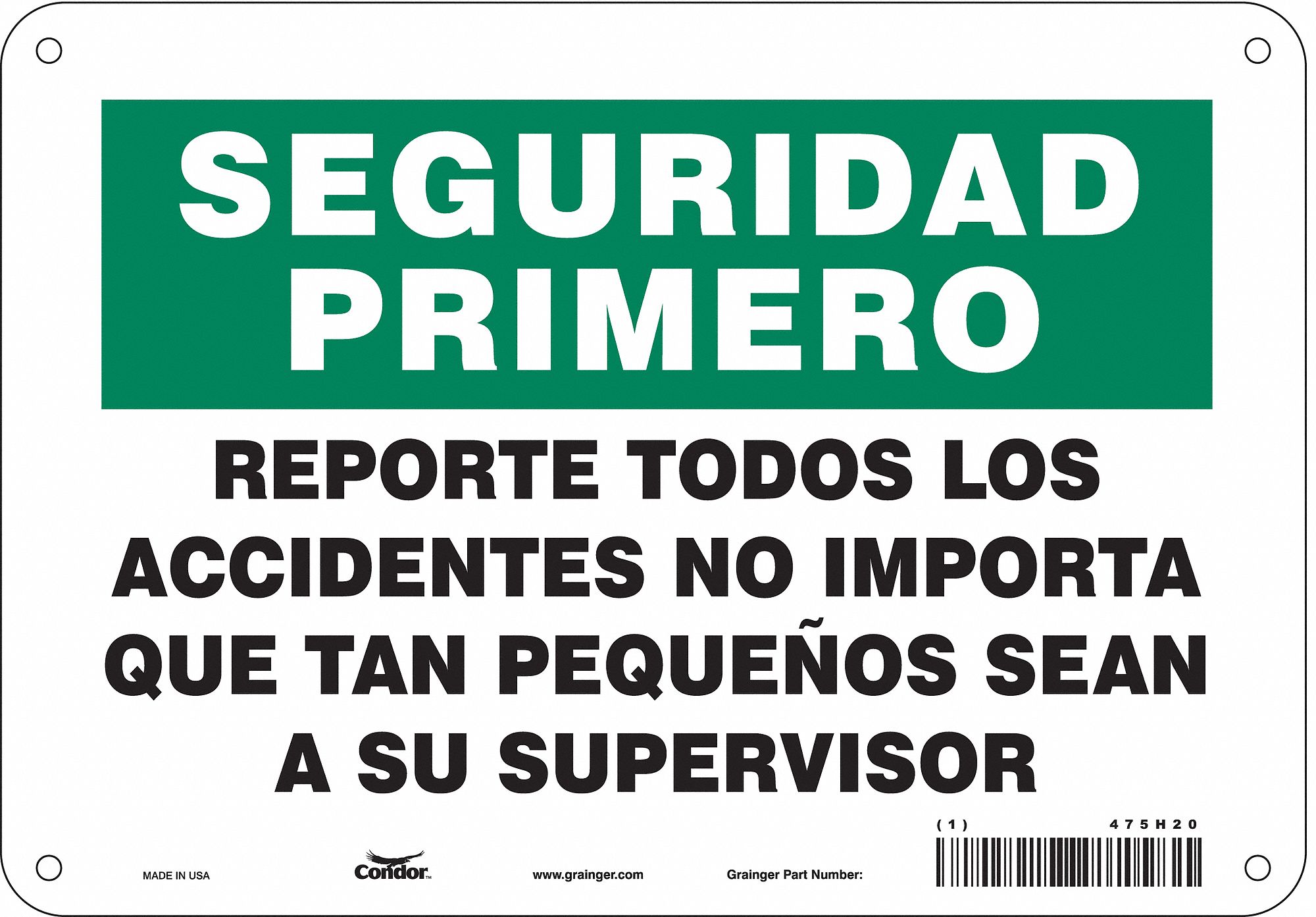 Safety Sign: Polyethylene, Mounting Holes Sign Mounting, 7 in x 10 in Nominal Sign Size, Spanish