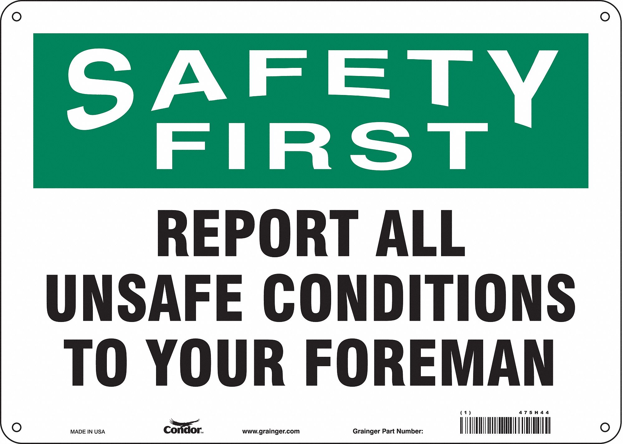 Safety Sign: Polyethylene, Mounting Holes Sign Mounting, 10 in x 14 in Nominal Sign Size, English