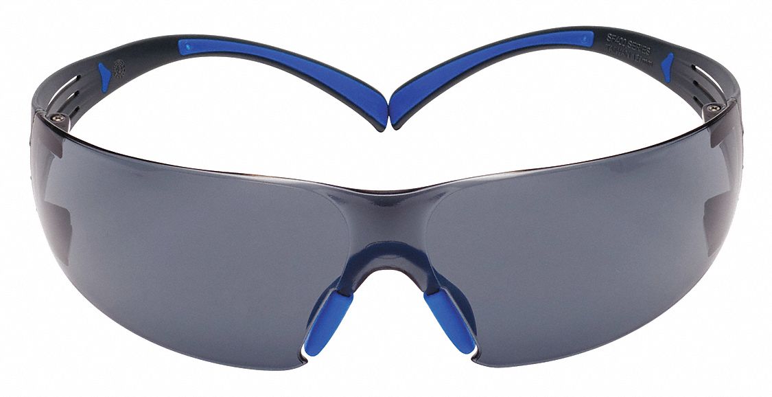 Safety Glasses: Gray Lens, Frameless, Scotchgard™ Anti-Fog, Black/Blue Frame