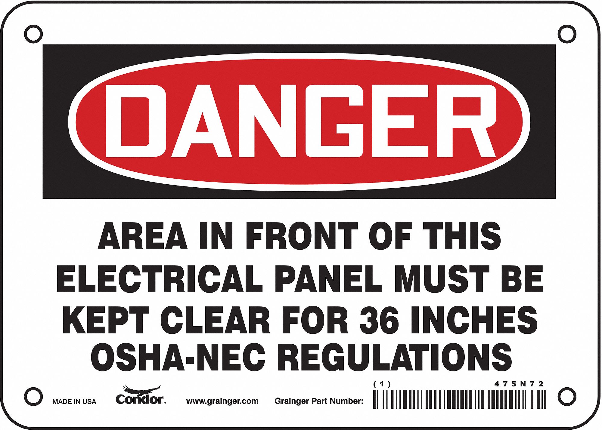 SAFETY SIGN, VINYL, ADHESIVE, 5X7 IN, NOT RETROREFLECTIVE, AREA IN FRONT OF THIS ELECTRICAL PANEL MUST BE KEPT CLEAR...