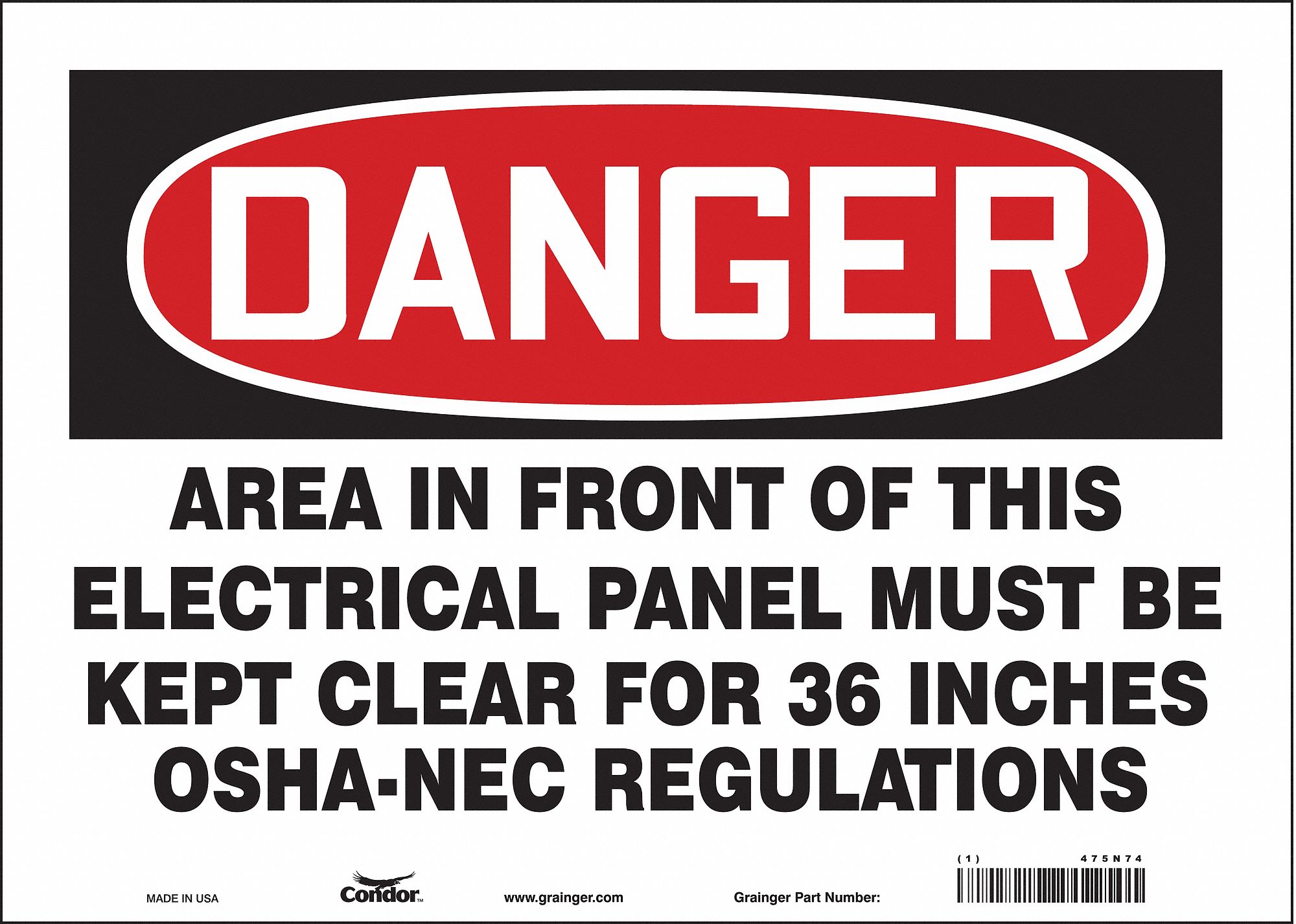 SAFETY SIGN, VINYL, ADHESIVE, 10X14IN, NOT RETROREFLECTIVE, AREAIN FRONT OF THIS ELECTRICAL PANEL MUST BE KEPT CLEAR...