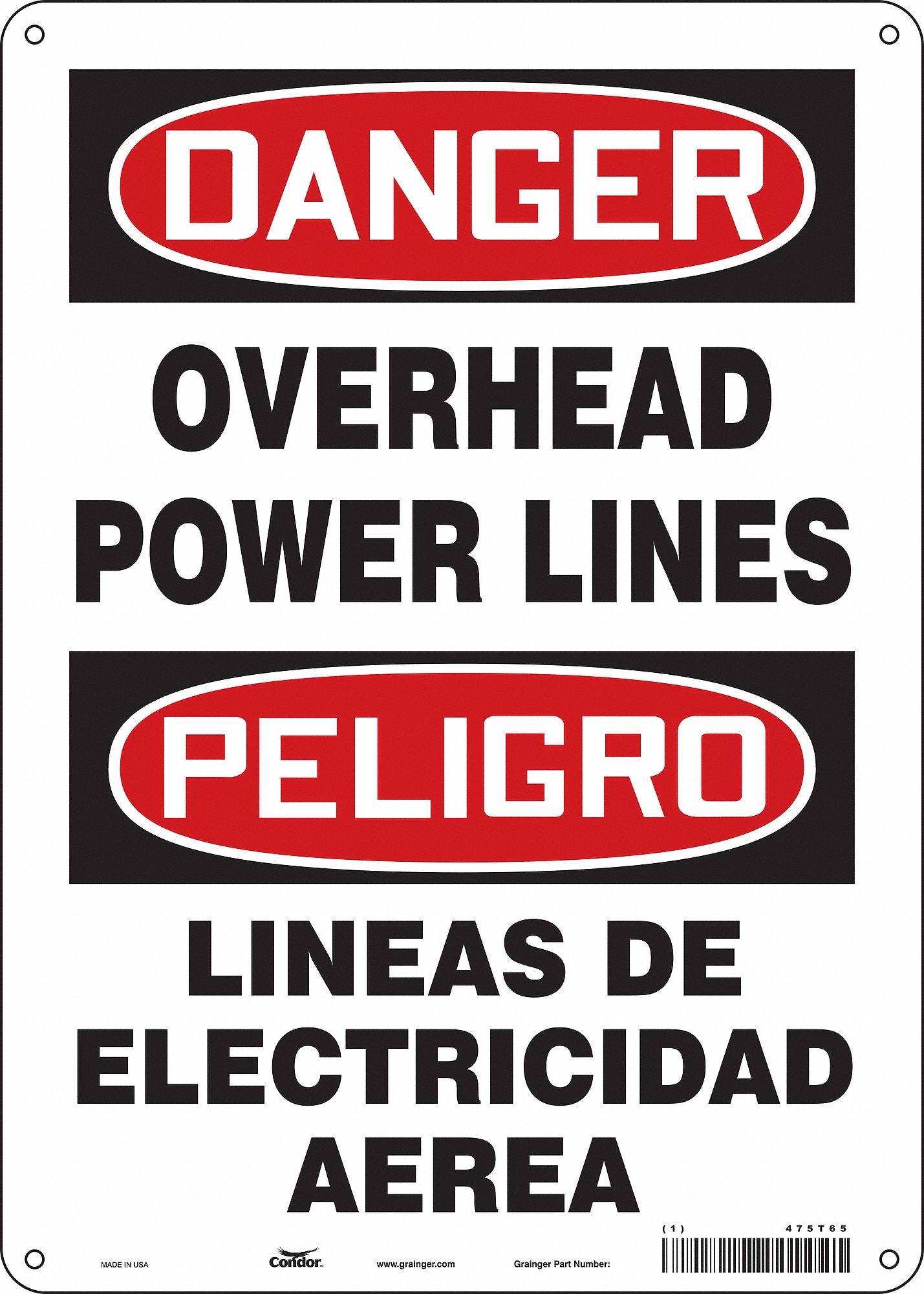 SAFETY SIGN, POLYETHYLENE, HOLE MOUNT, 14 X 10 IN NOMINAL SIGN SIZE, OVERHEAD POWER LINES/LINEAS DE ELECTRICIDAD AEREA