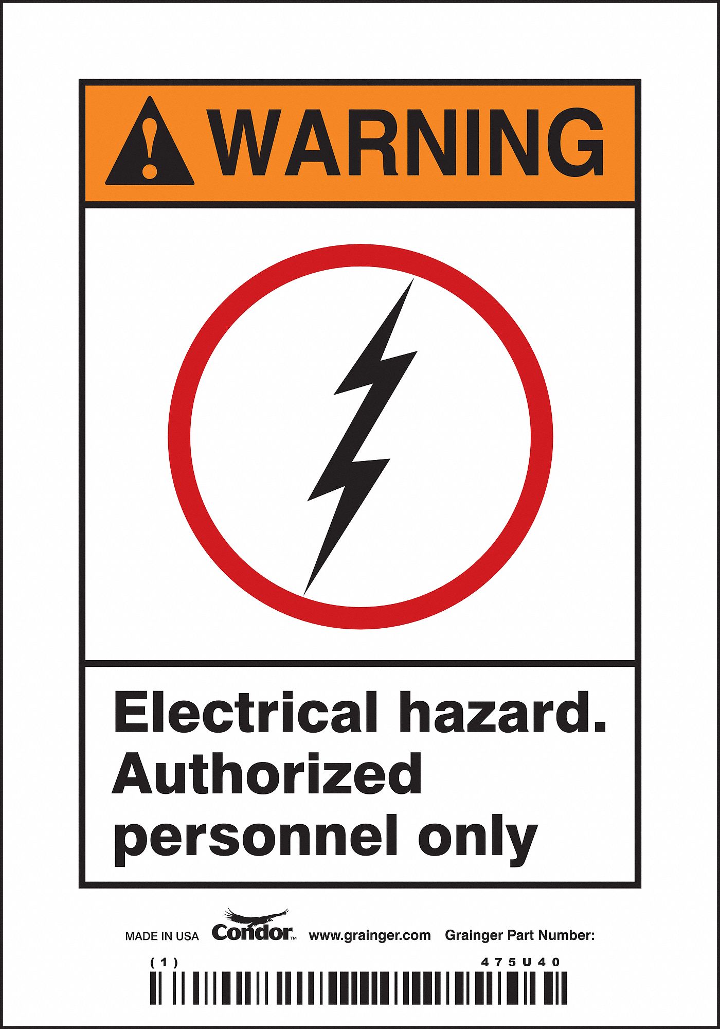 SAFETY SIGN, VINYL, ADHESIVE MOUNT, 5X3½ IN, 0.004 IN THICK, 5 PK, ELECTRICAL HAZARD. AUTHORIZED PERSONNEL ONLY.