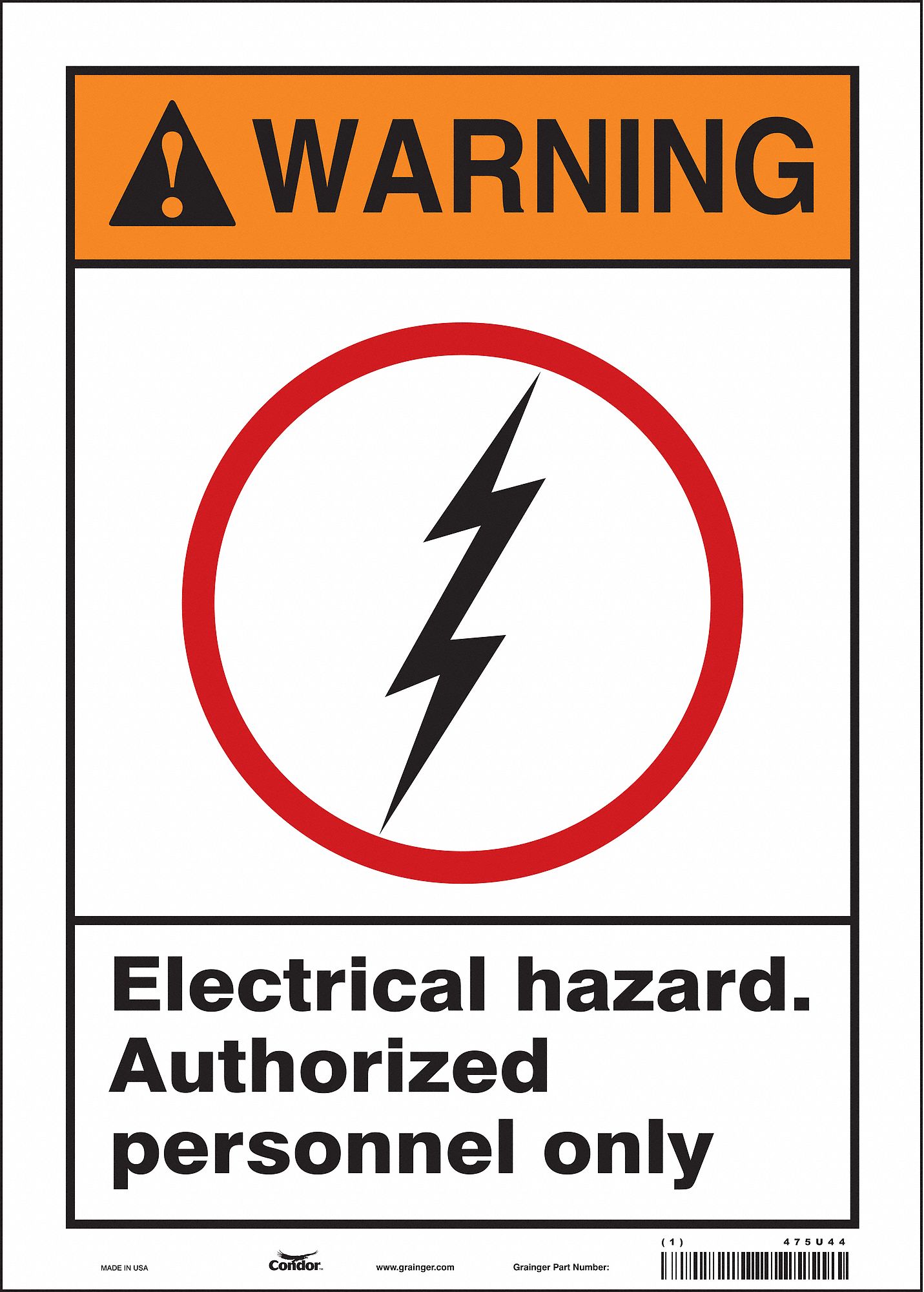SAFETY SIGN, VINYL, ADHESIVE MOUNT, 14 X 10 IN, NOT RETROREFLECTIVE, ELECTRICAL HAZARD. AUTHORIZED PERSONNEL ONLY.