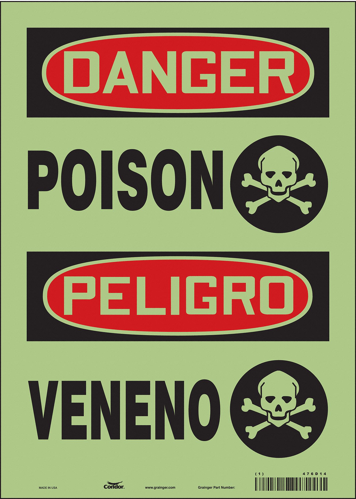 Safety Sign: Glow Vinyl, Adhesive Sign Mounting, 14 in x 10 in Nominal Sign Size, Glow In The Dark