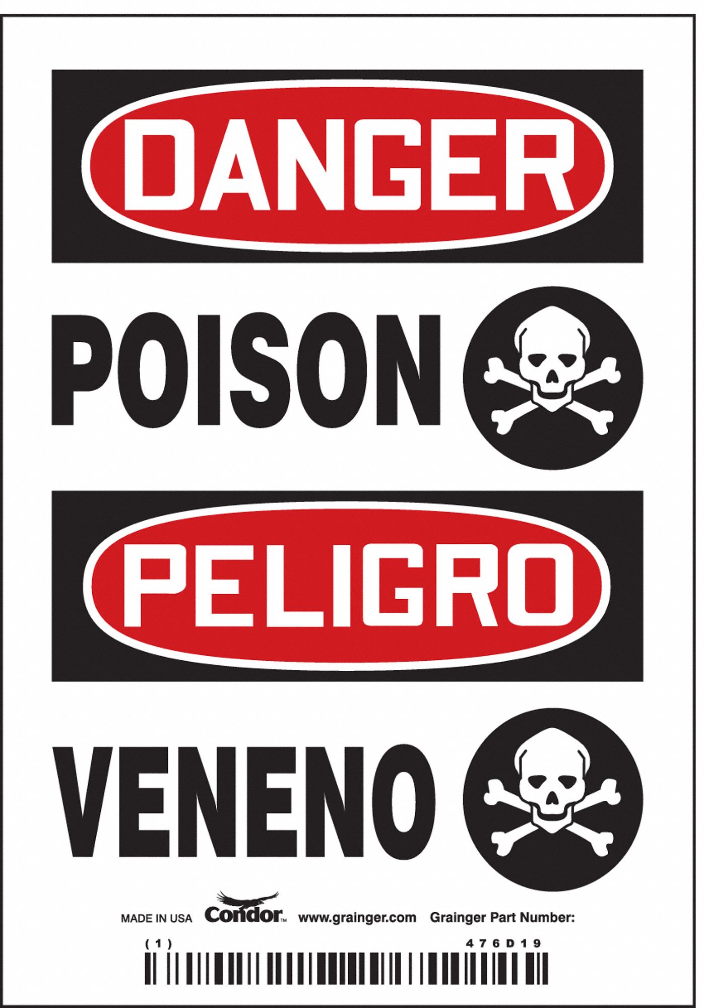 Safety Sign: Vinyl, Adhesive Sign Mounting, 5 in x 3 1/2 in Nominal Sign Size, Not Retroreflective