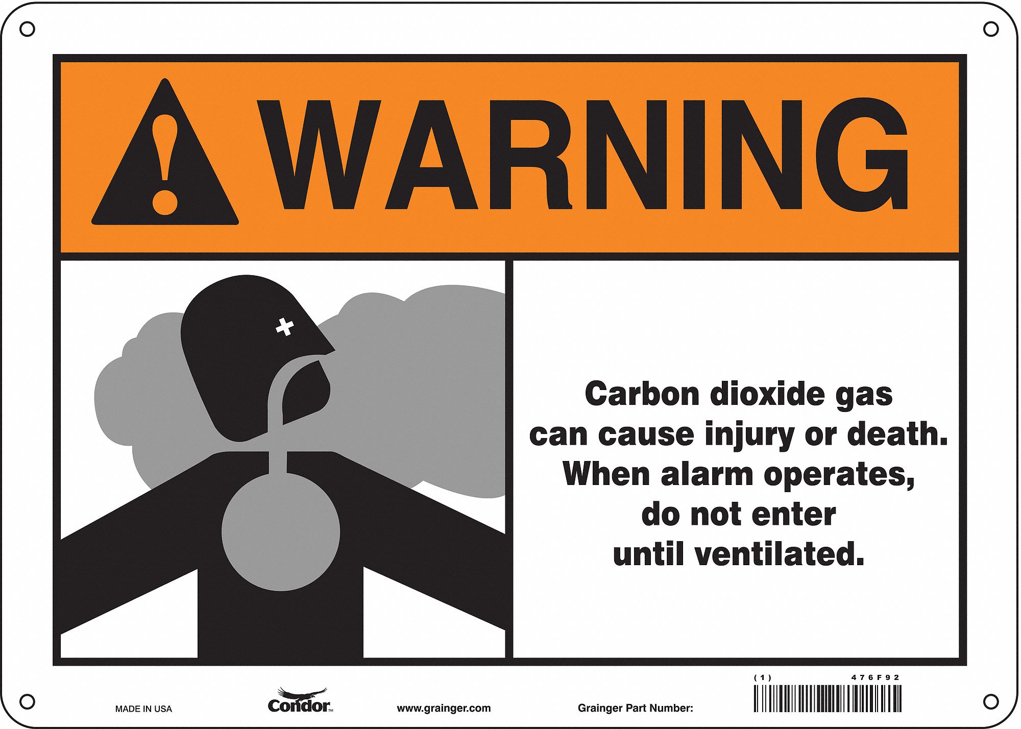 SAFETY SIGN, AL, HOLE MOUNT, 10X14 IN, 0.032 IN THICK, CARBON DIOXIDE GAS CAN CAUSE INJURY OR DEATH. WHEN ALARM OPERA...