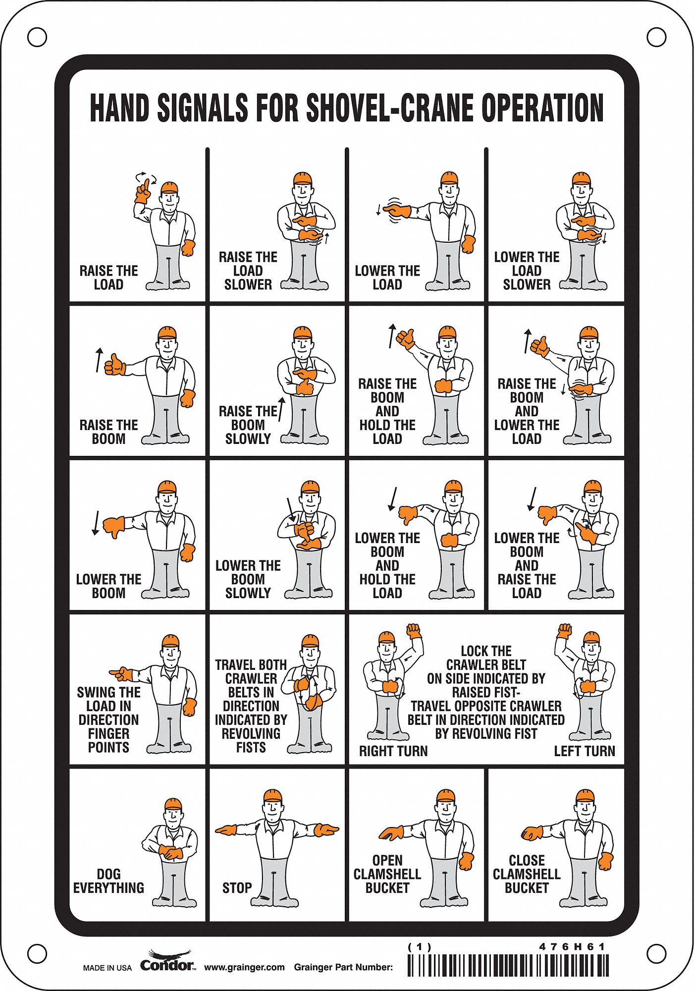 SAFETY SIGN, ALUMINUM, HOLE MOUNT, 10 X 7 IN NOMINAL SIGN SIZE, 0.032 IN THICK, HAND SIGNALS FOR SHOVEL-CRANE OPERATION