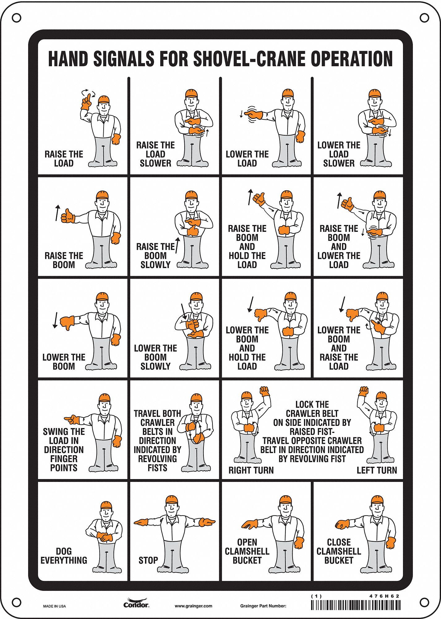 SAFETY SIGN, ALUMINUM, HOLE MOUNT, 14 X 10 IN NOMINAL SIGN SIZE, 0.032 IN THICK, HAND SIGNALS FOR SHOVEL-CRANE OPERATION