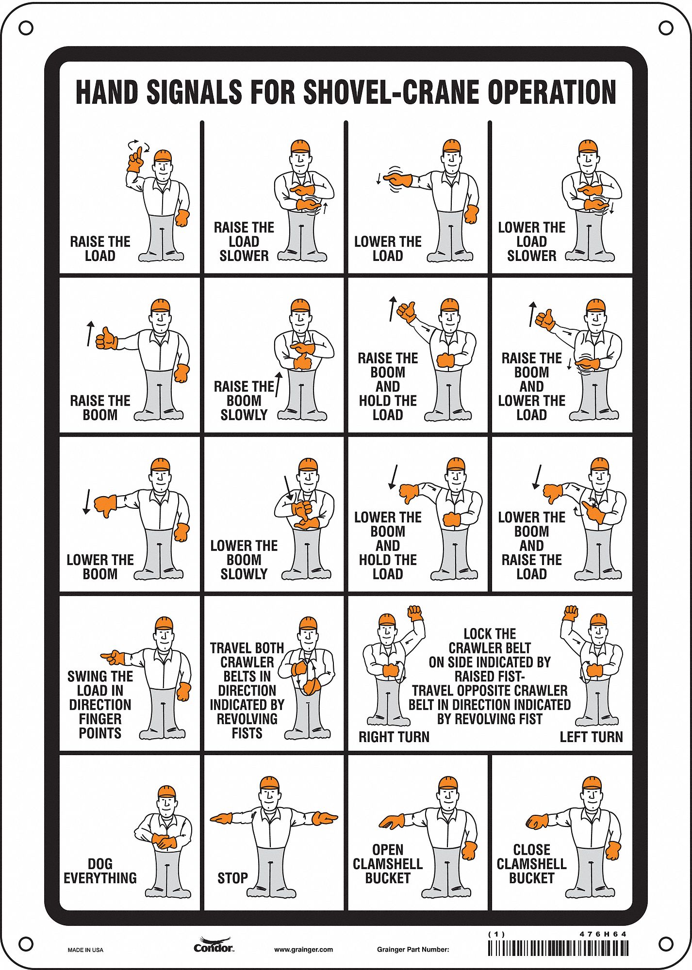 SAFETY SIGN, POLYETHYLENE, MOUNTING HOLES, 14 IN X 10 IN NOMINAL SIGN SIZE, HAND SIGNALS FOR SHOVEL-CRANE OPERATION