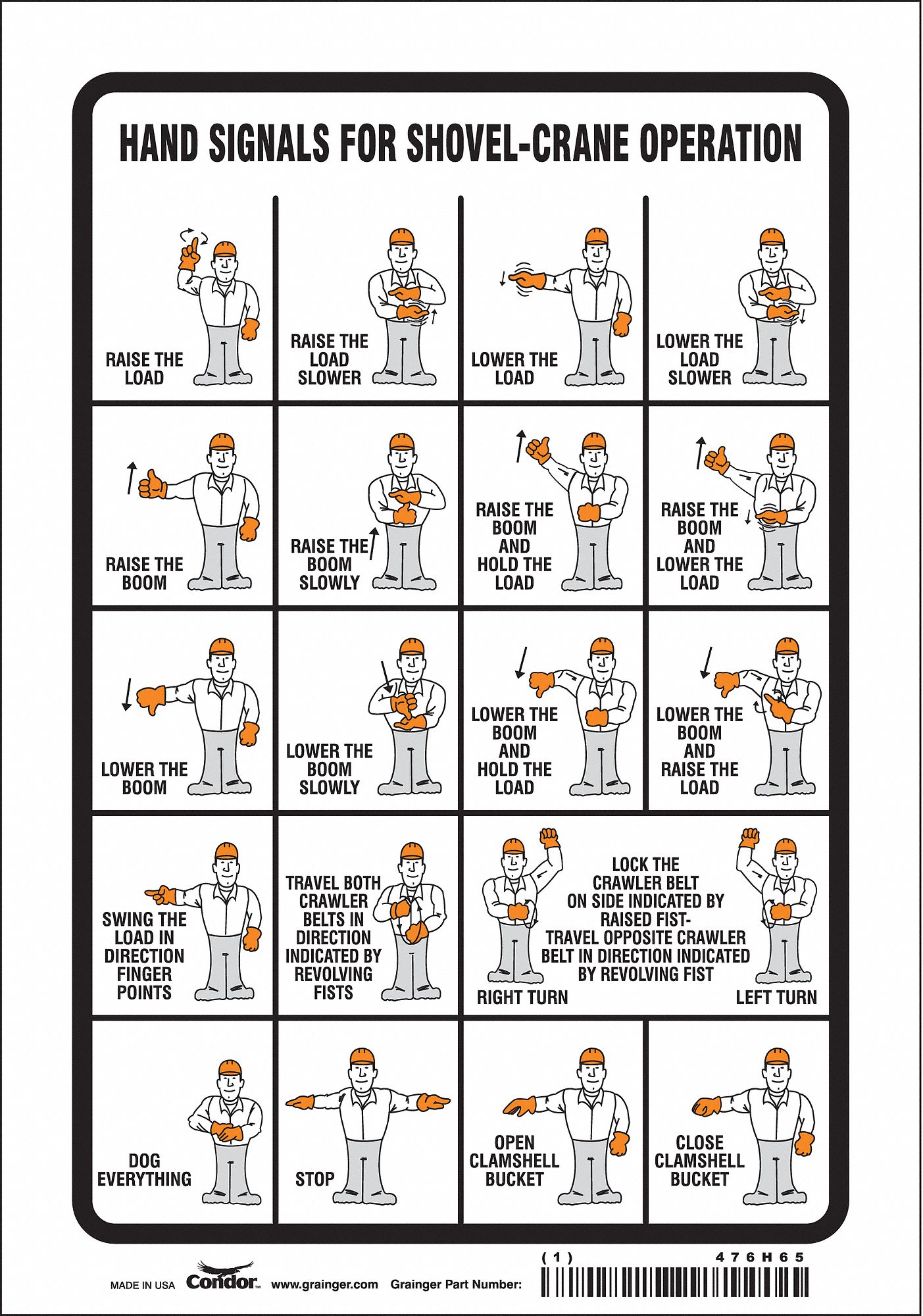 SAFETY SIGN, VINYL, ADHESIVE MOUNT, 10 X 7IN, NOT RETROREFLECTIVE, HAND SIGNALS FOR SHOVEL-CRANE OPERATION